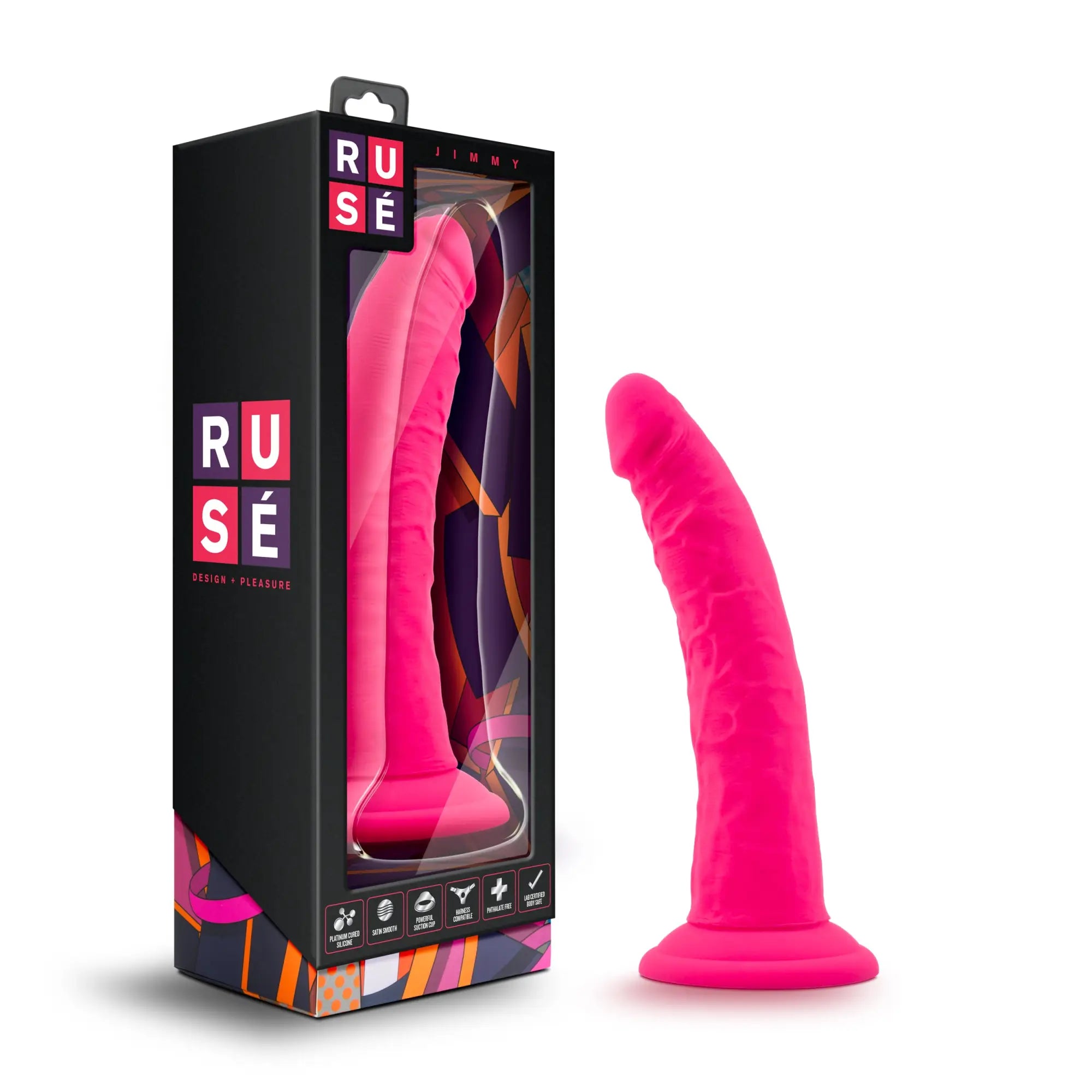 Vibrant pink silicone dildo by rusé model jimmy in hot pink for personal pleasure and durability