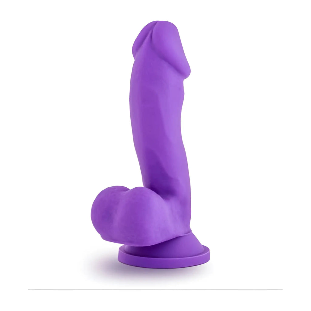 Purple silicone adult toy ruse juicy purple dong with rounded base for stability shown from front side