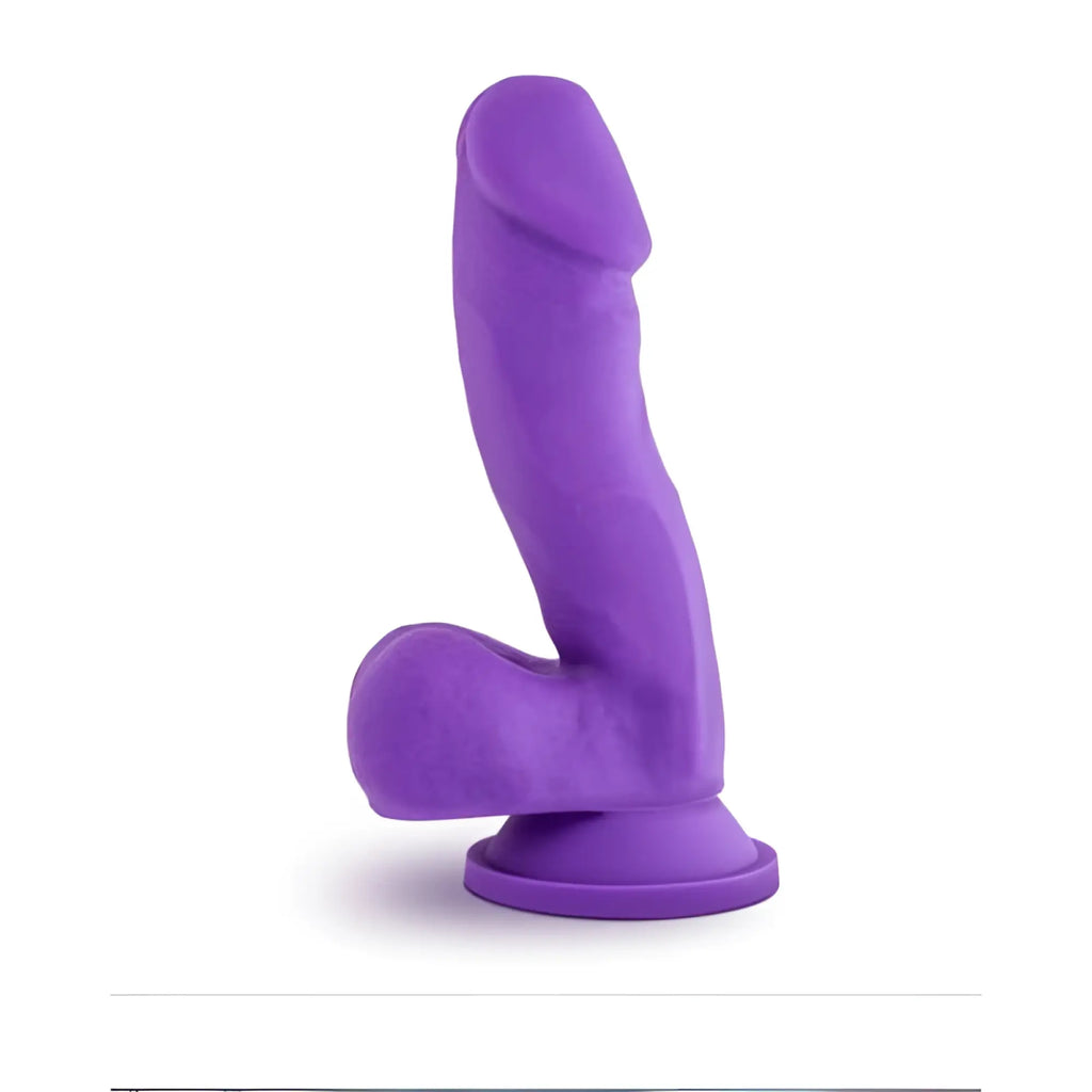 Purple silicone dildo with curved design and rounded base from ruse ruse juicy purple dong product line