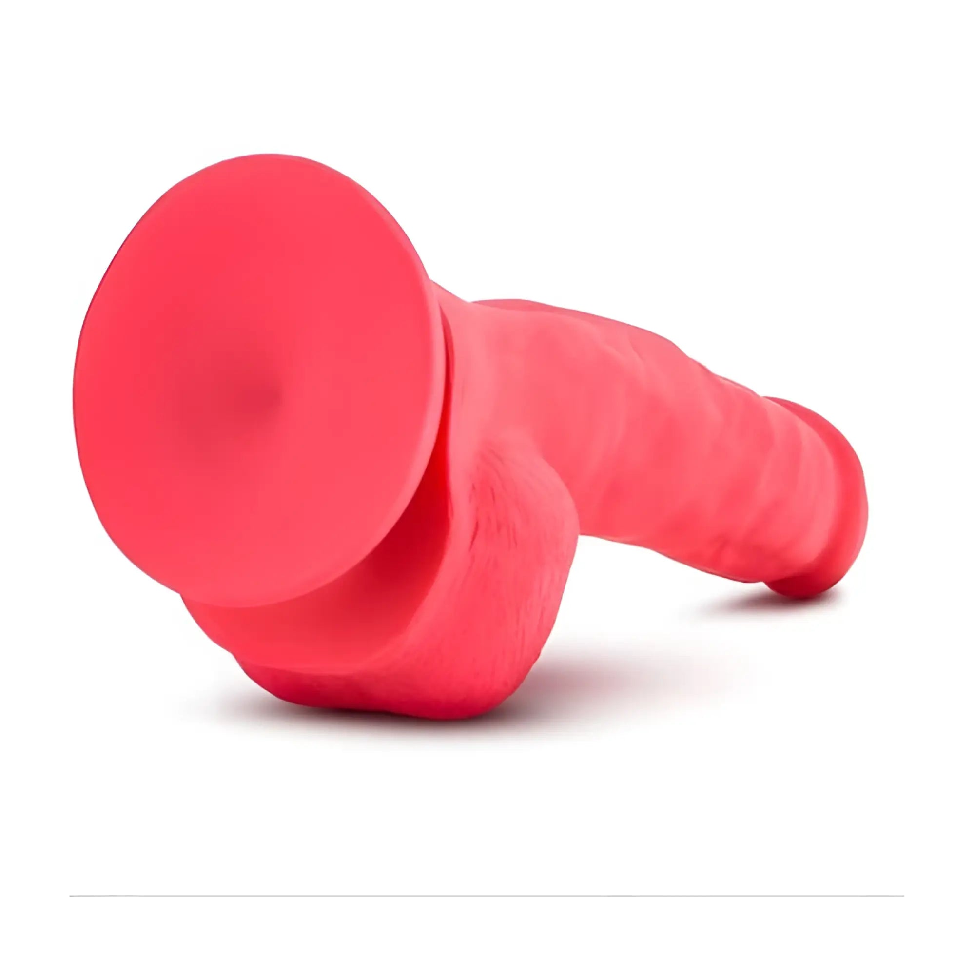 Red silicone suction cup dildo with textured ribbed shaft and rounded head from ruse shimmy cherise dong