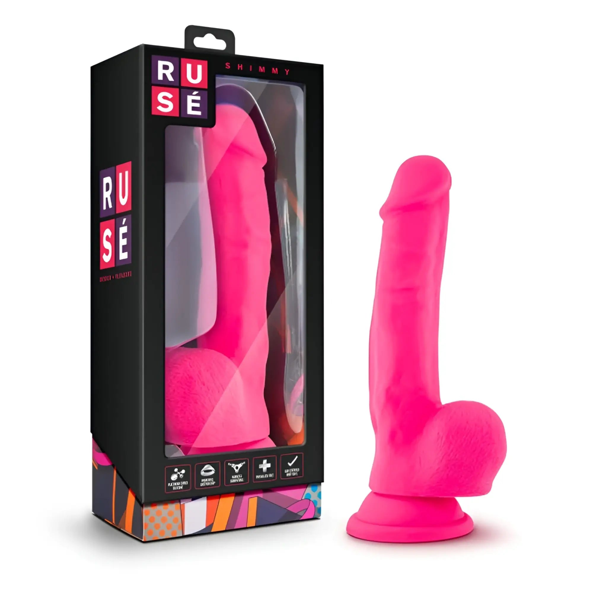 Vibrant pink silicone adult toy ruse shimmy designed for intimate use in a hot pink color by ruse