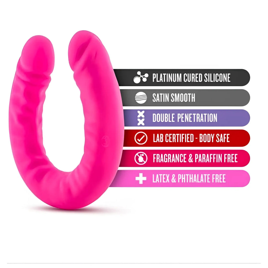 Bright pink ruse silicone slim 18in dual penetration toy made of platinum cured silicone with satin smooth finish