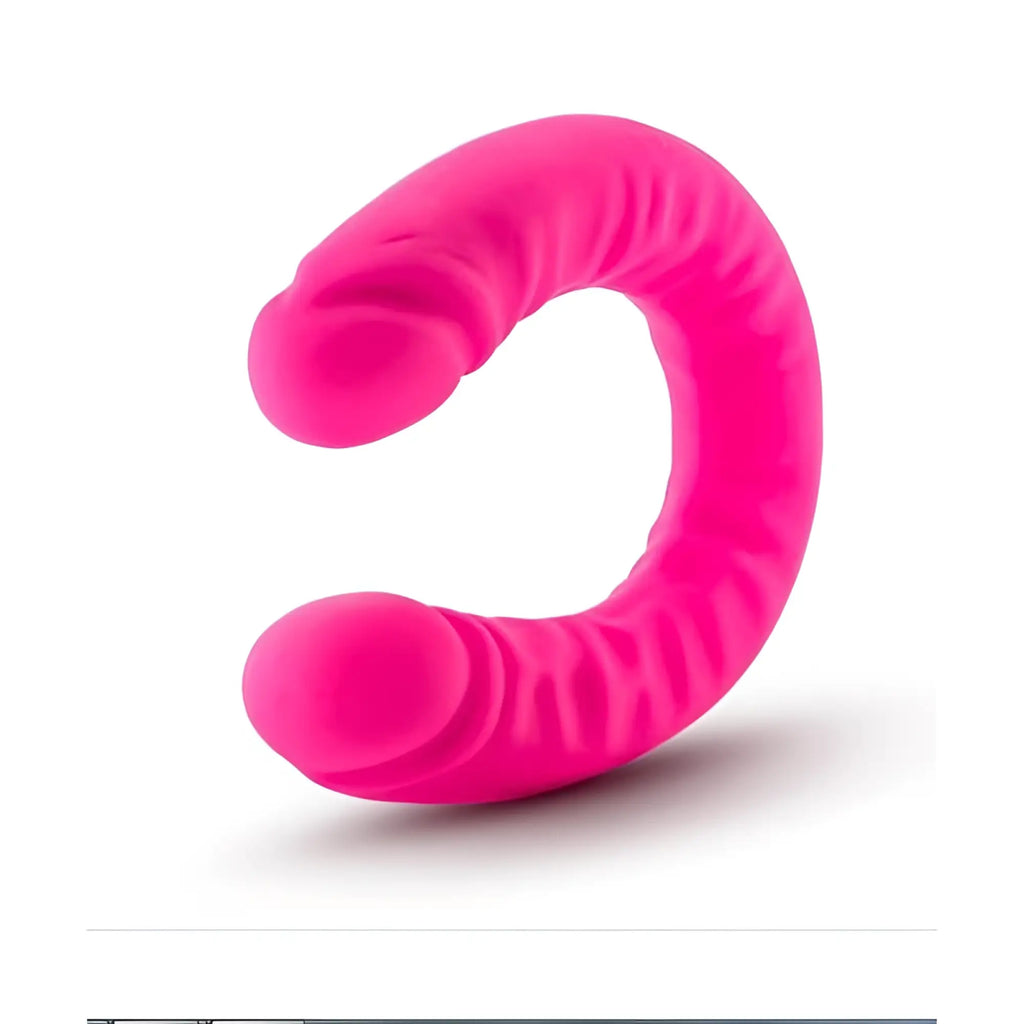 Vibrant pink silicone slim 18in double dong toy with c-shaped design and textured ridges by ruse