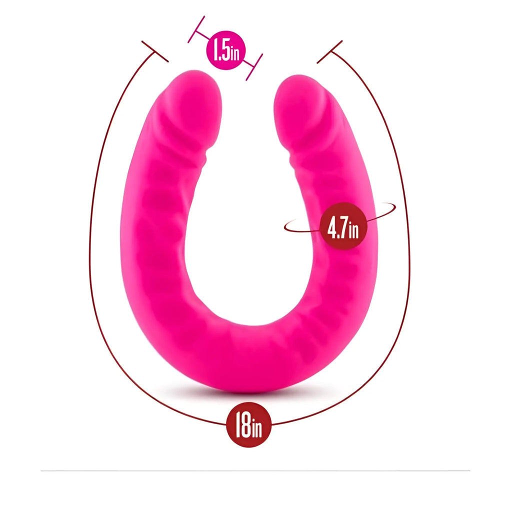 Vibrant pink silicone slim 18 inch dual-headed adult toy with u-shape and textured ergonomic design by Ruse Ruse