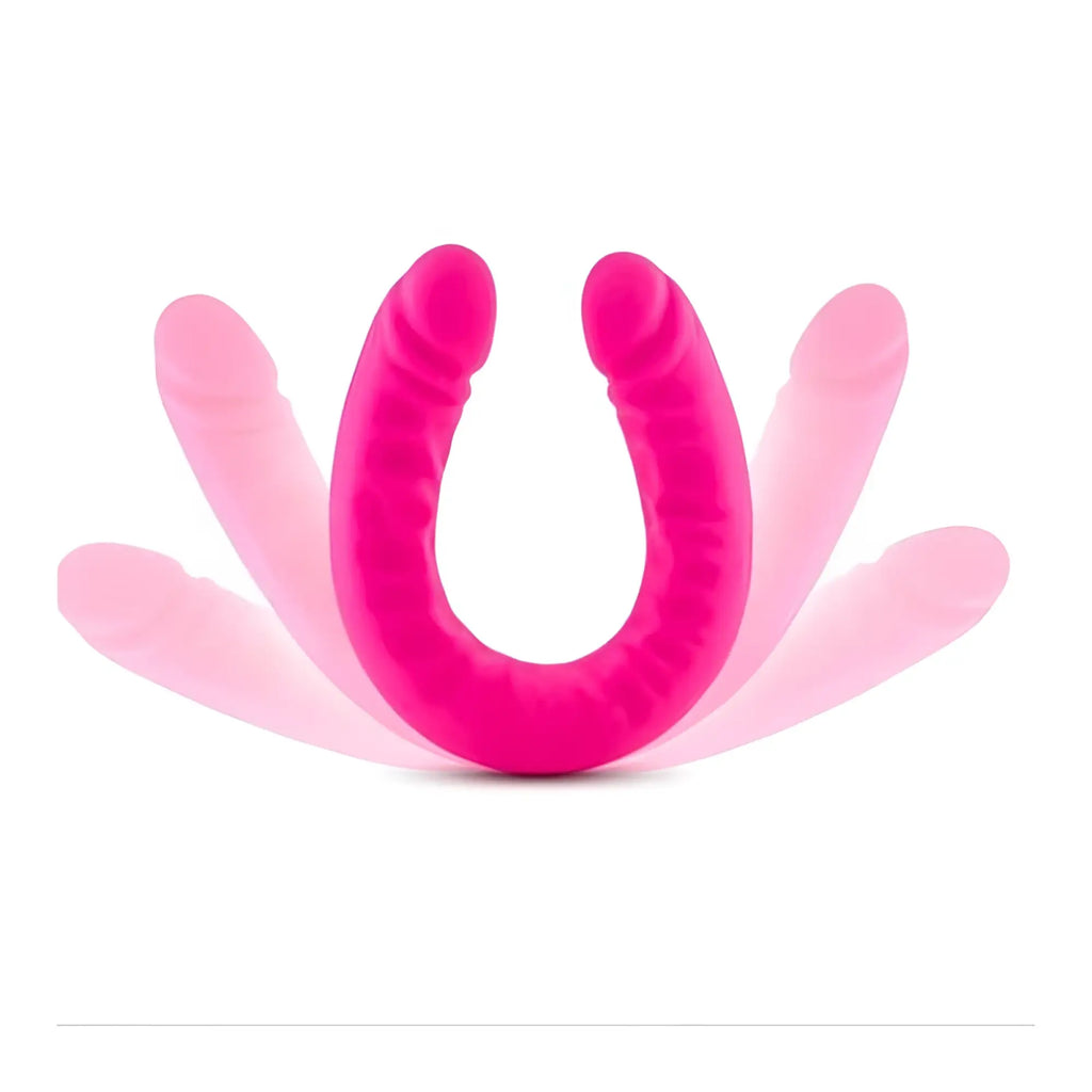 Vibrant pink silicone u-shaped double dong with four stylized phallic forms by ruse ruse slim 18in hot pink