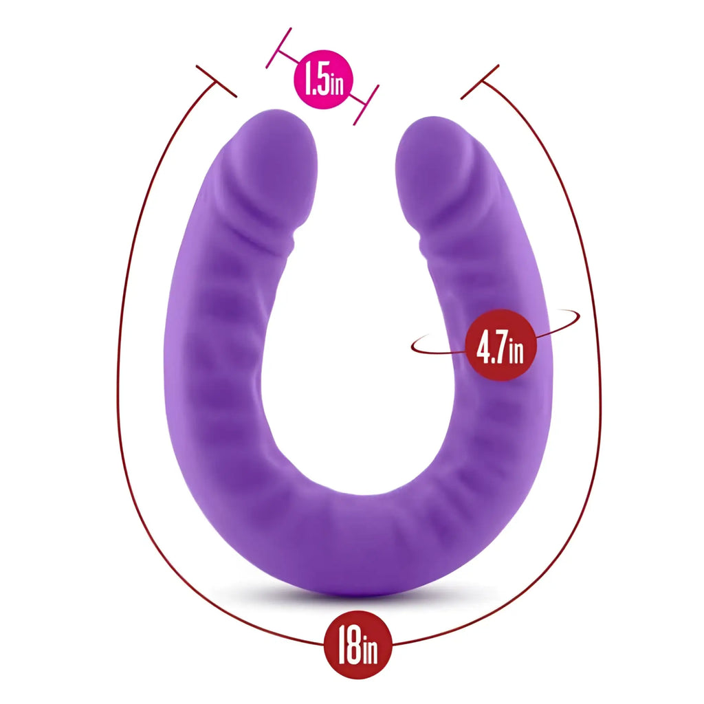 Purple silicone u-shaped dual-ended vibrator with textured surface and ergonomic design from ruse silicone slim 18in double dong