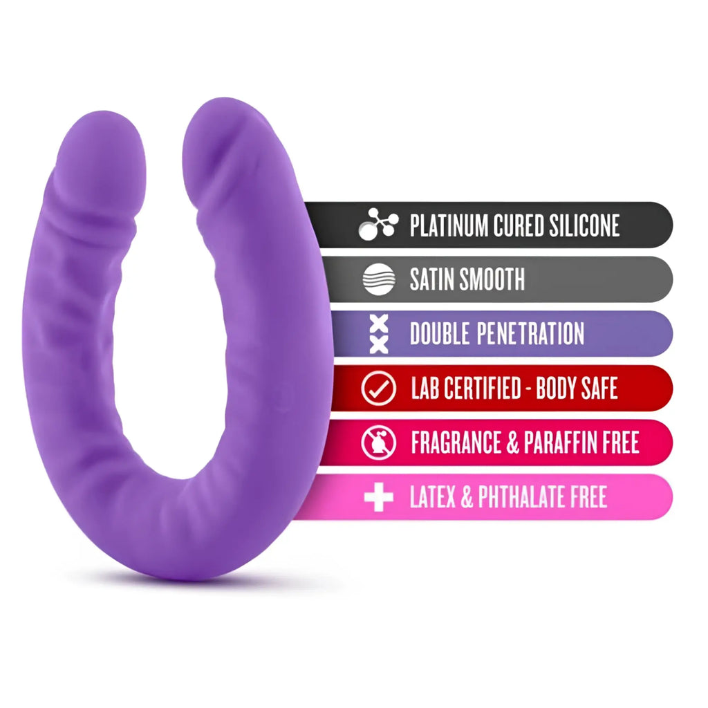 Purple u-shaped dual-headed adult toy made of satin smooth platinum cured silicone from ruse silicone slim 18in double dong