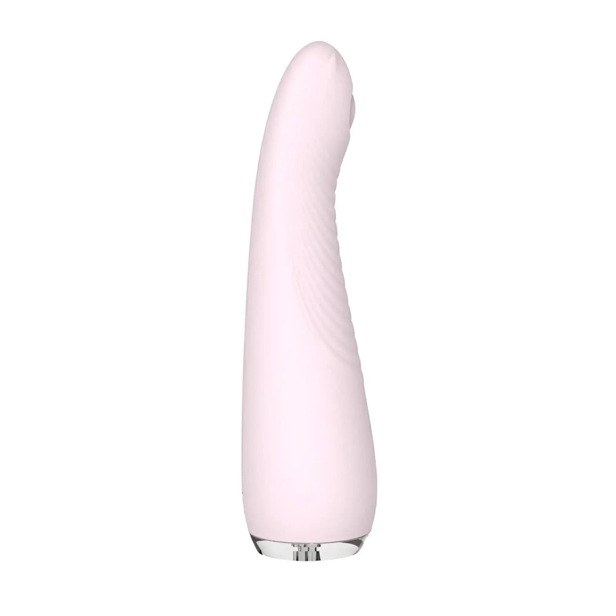 A sleek pale pink silicone s-hande balle massager orchid with a smooth curved design and subtle ribbed texture on its side