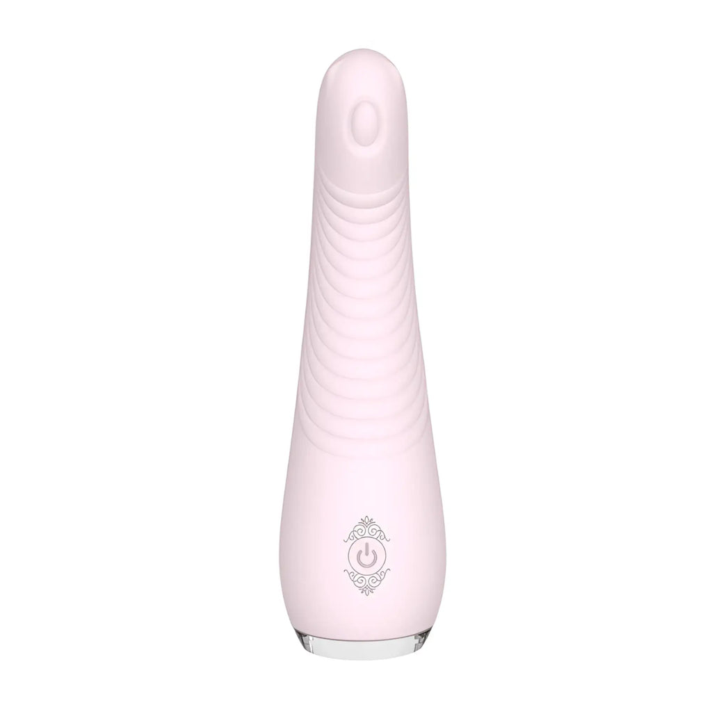 S-hande balle massager orchid in light pink silicone with ribbed texture and ornate power button emblem