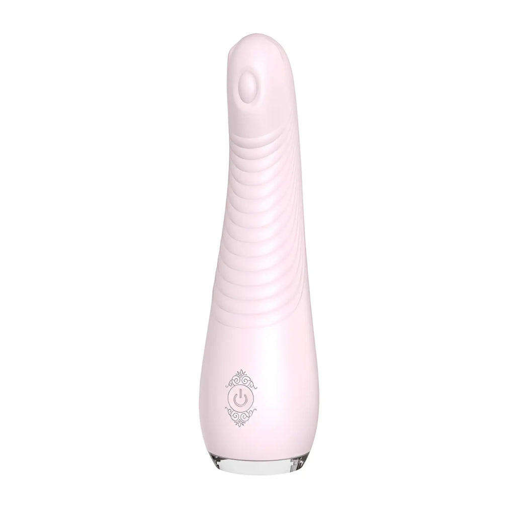 A sleek light pink silicone s-hande balle massager orchid vibrator with ribbed texture and ornate power button emblem