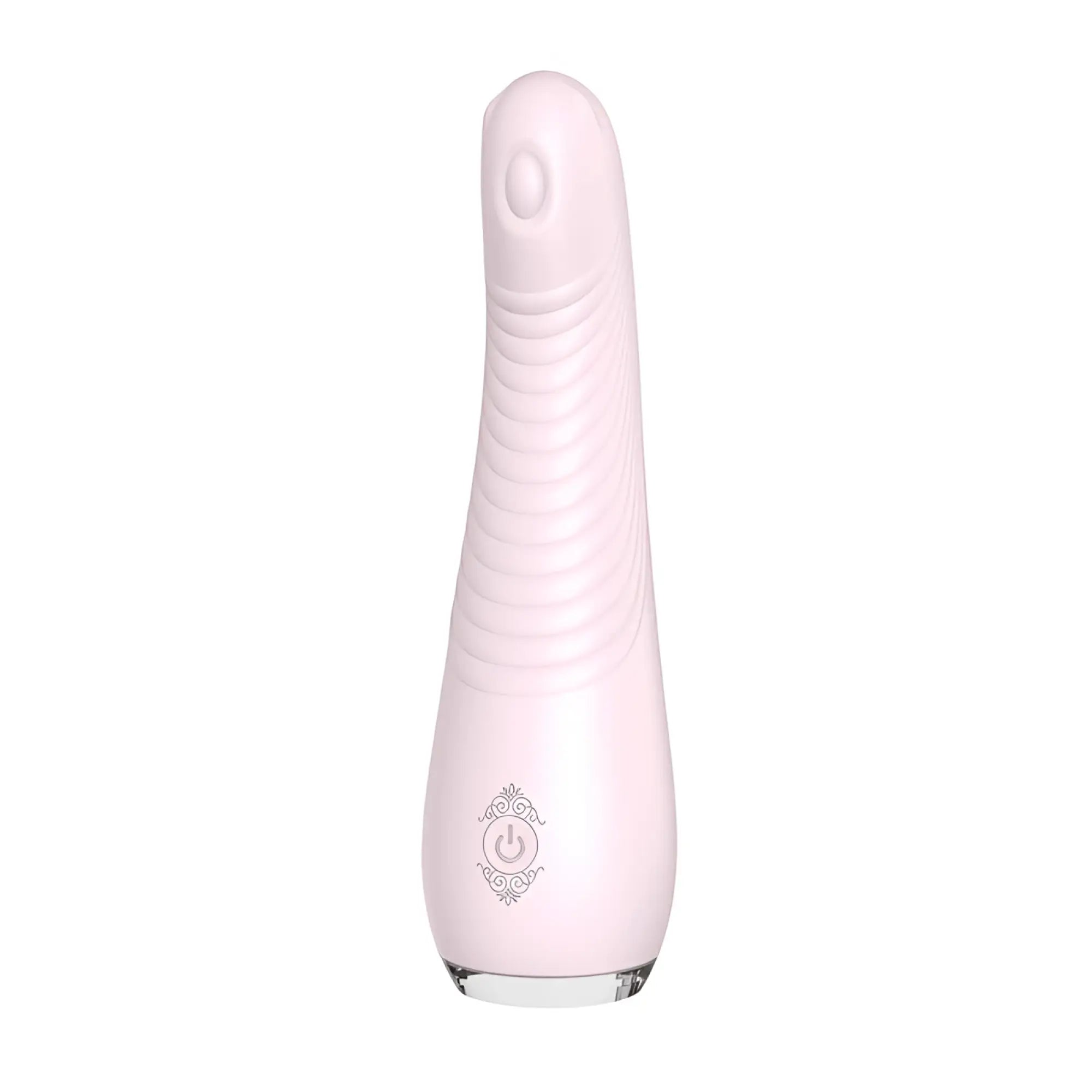 A sleek light pink silicone s-hande balle massager orchid vibrator with ribbed texture and ornate power button emblem