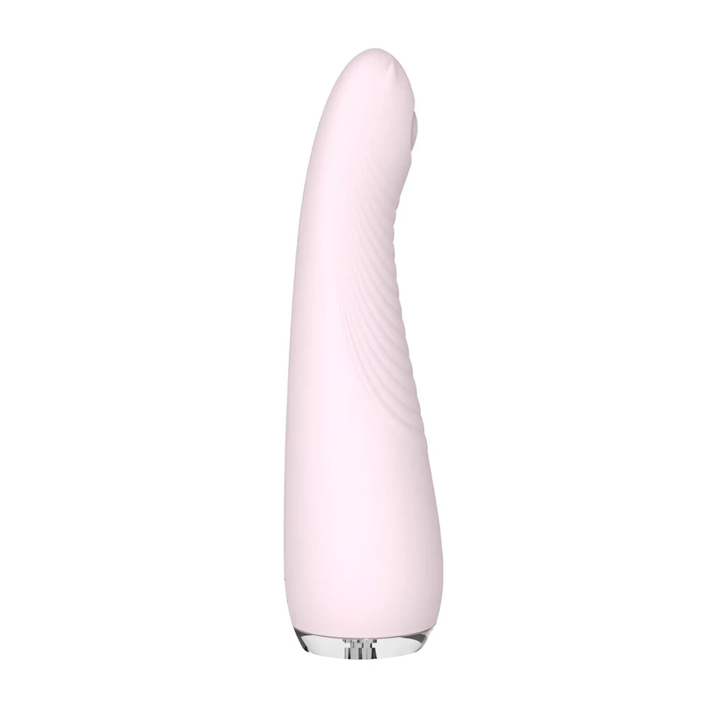 A sleek pale pink silicone s-hande balle massager orchid with a smooth curved design and subtle ribbed texture on its side