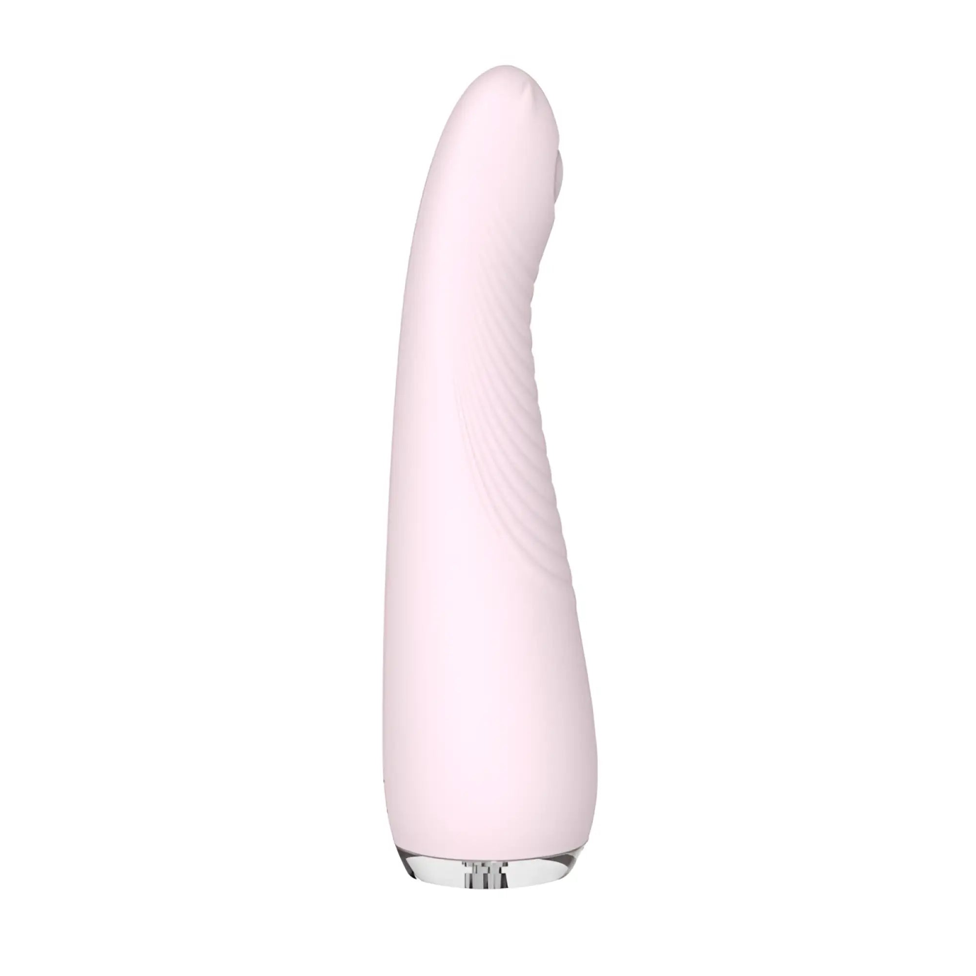 A sleek pale pink silicone s-hande balle massager orchid with a smooth curved design and subtle ribbed texture on its side