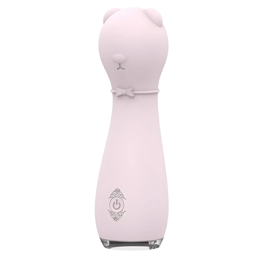 Pink silicone cat-shaped personal massager with bow tie detail and ornate power button emblem s-hande bonnie massager orchid