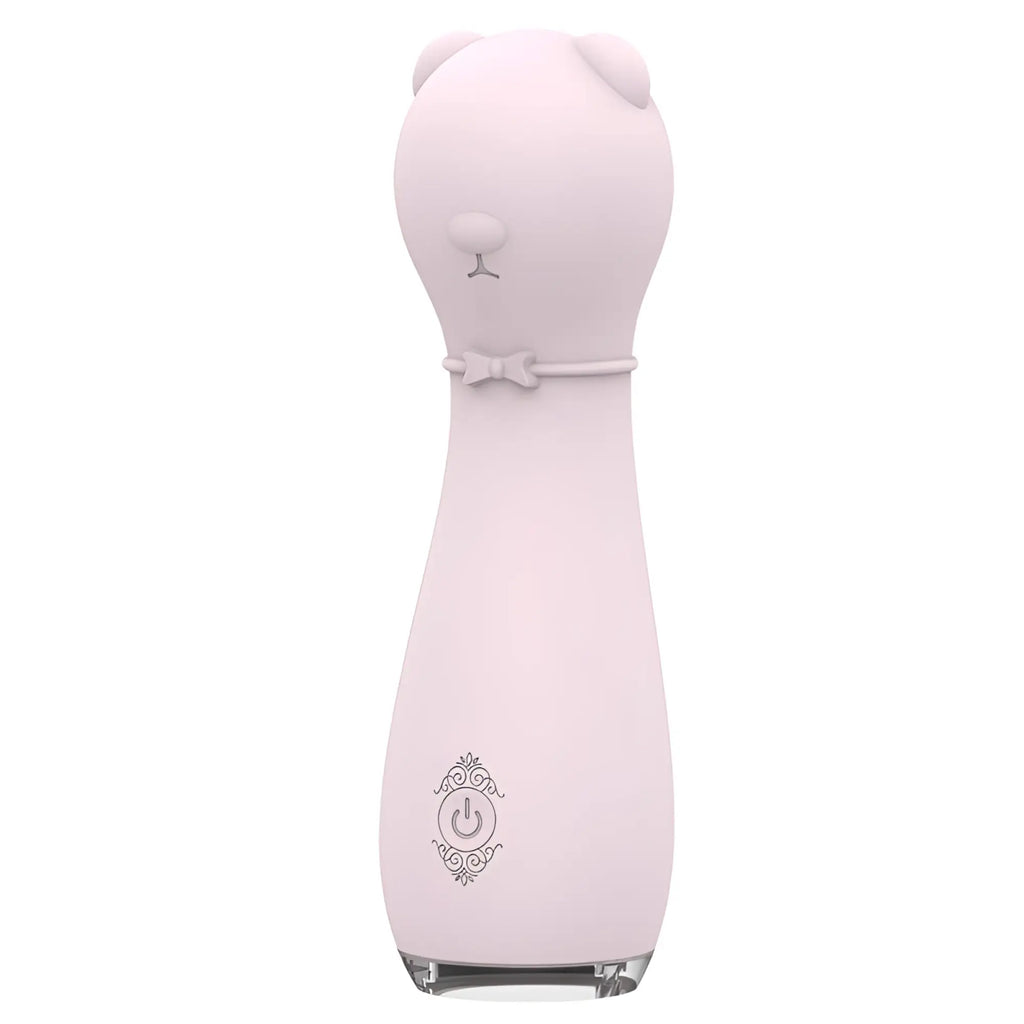 Pink silicone cat-shaped personal massager with bow tie detail and ornate power button emblem s-hande bonnie massager orchid