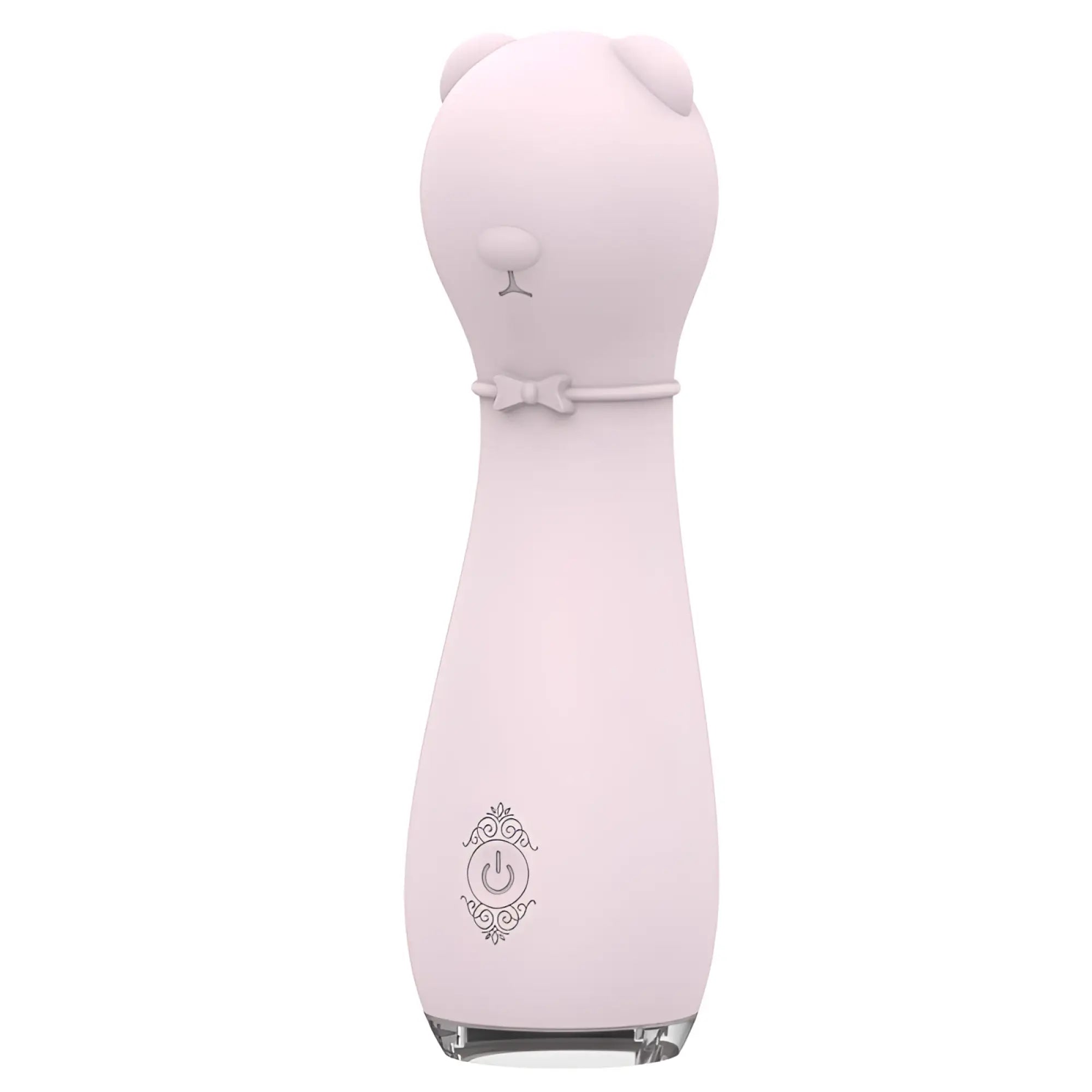 Pink silicone cat-shaped personal massager with bow tie detail and ornate power button emblem s-hande bonnie massager orchid