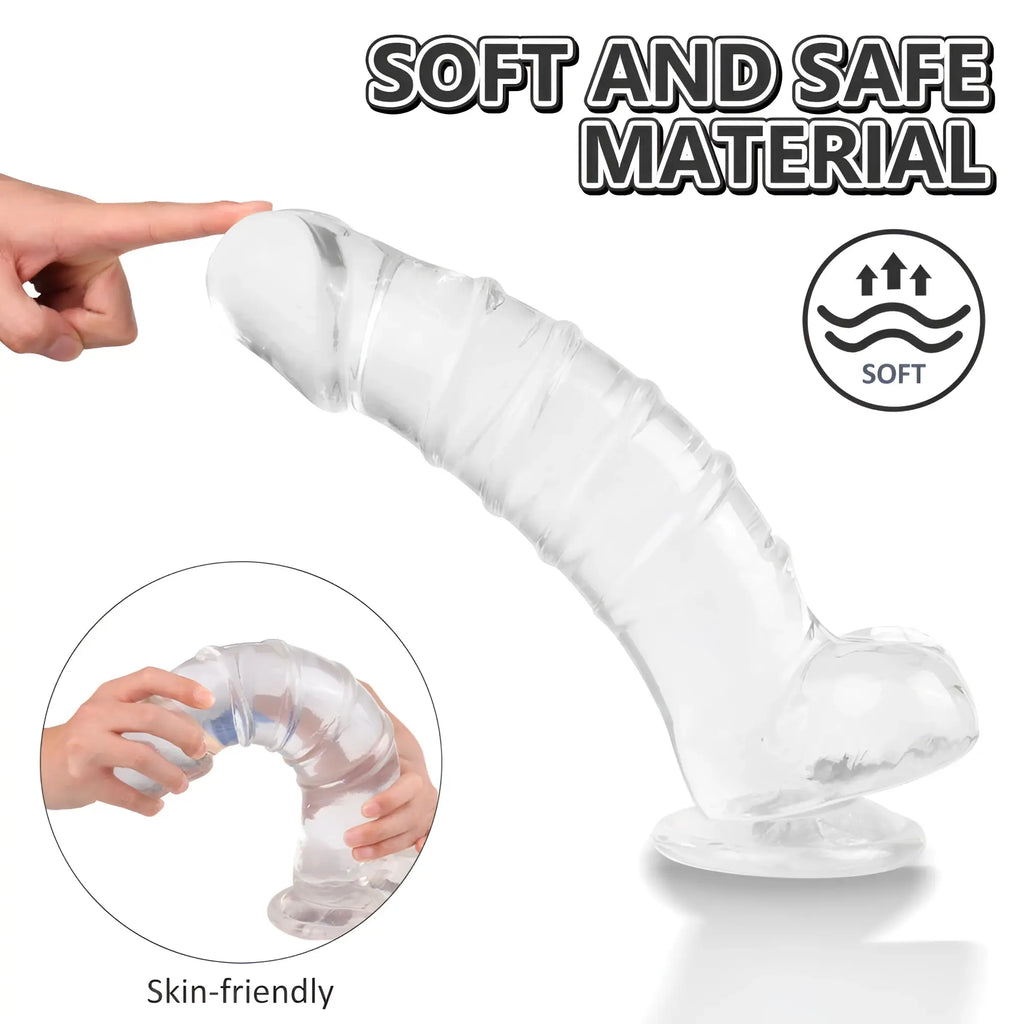 Transparent silicone dildo with smooth curved design and rounded tip s-hande denny dong w balls clear xxl