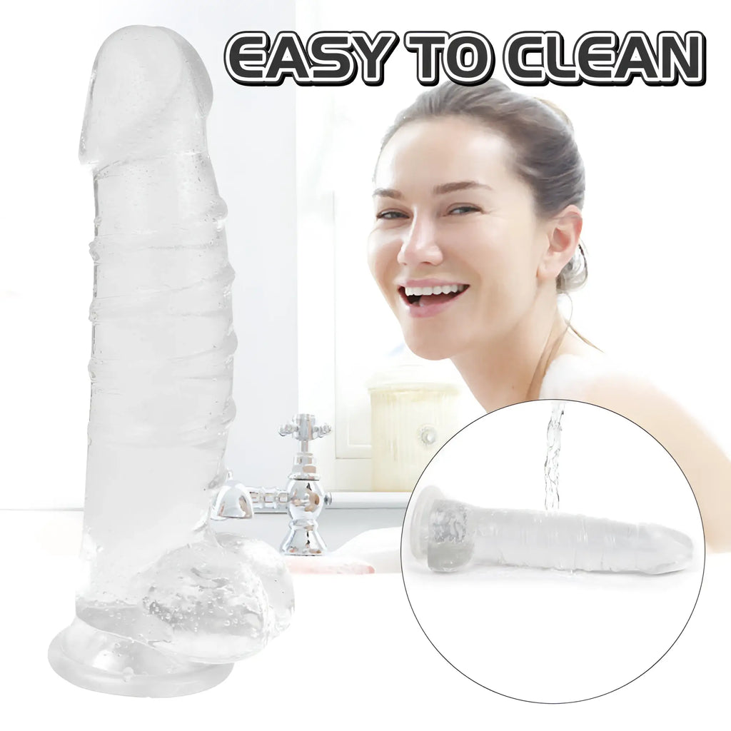 S-hande denny dong w balls clear xxl transparent silicone dildo with textured ridges and rounded base for easy cleaning