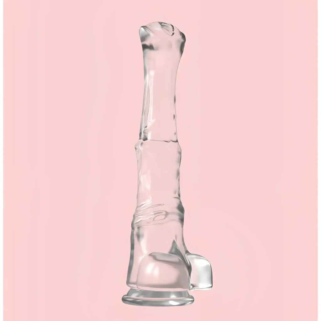 Clear silicone anal toy s-hande duke horse dong w balls clear xxl with textured segmented design and rounded base