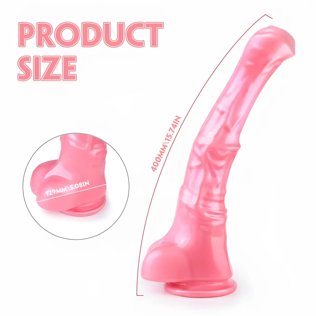 Pink translucent silicone dildo s-hande duke horse dong w balls features a textured ribbed shaft and rounded base
