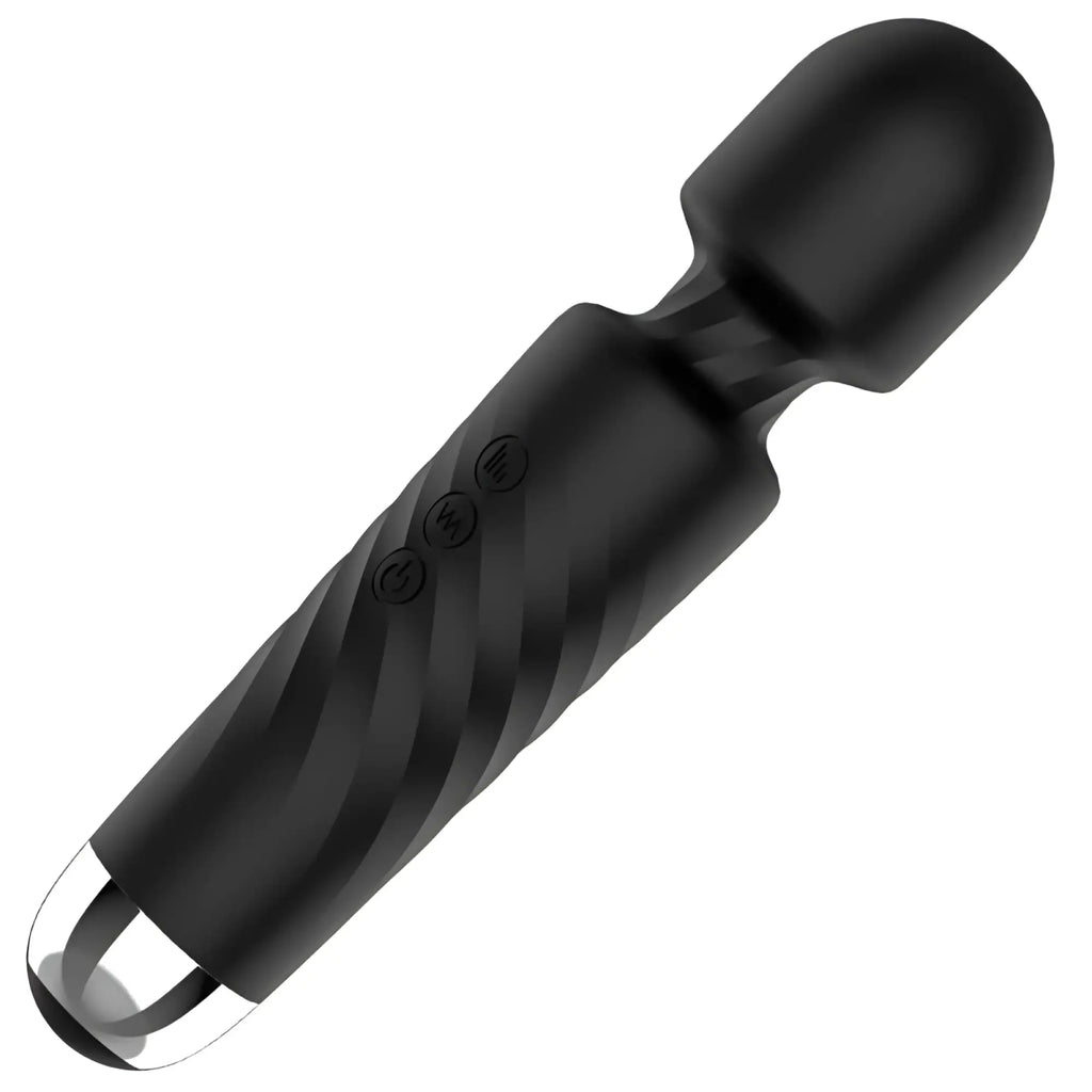 Black silicone-wrapped wand-style vibrator s-hande hero 2 wand with glossy chrome tip and three control buttons on handle