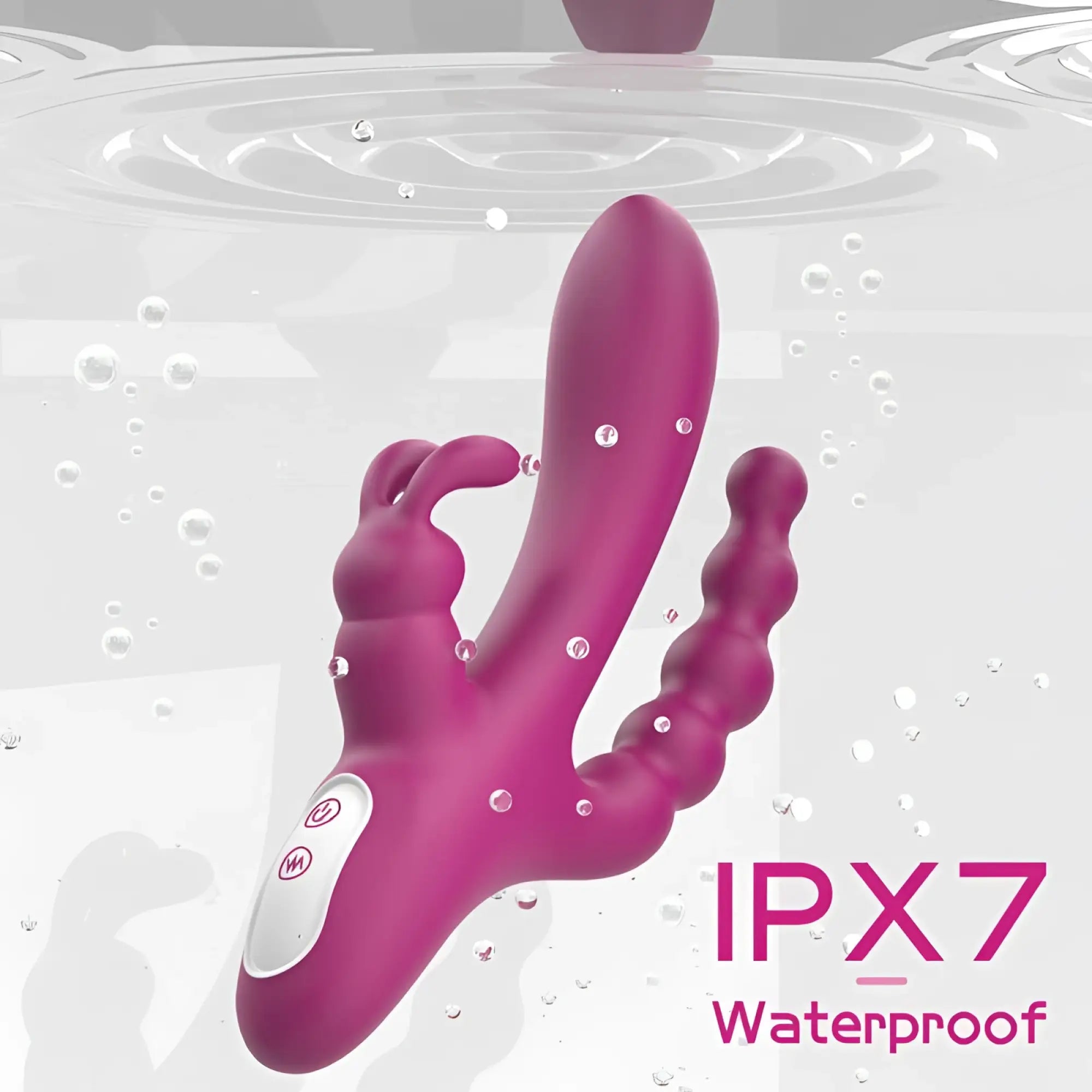 Pink silicone s-hande joker triple ecstasy vibrator with white control panel and ipx7 waterproof rating