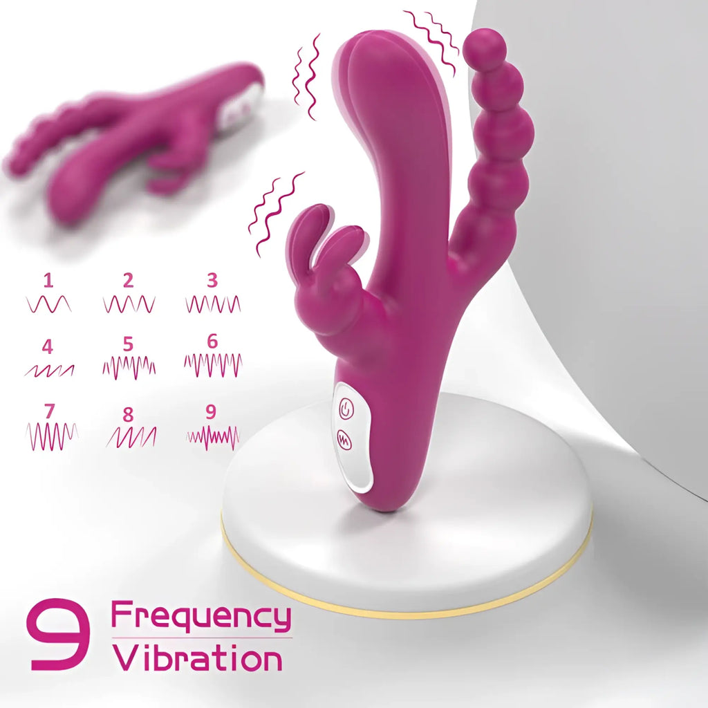 S-hande joker triple ecstasy vibrator is a pink silicone vibrating toy with multiple textured surfaces and control panel
