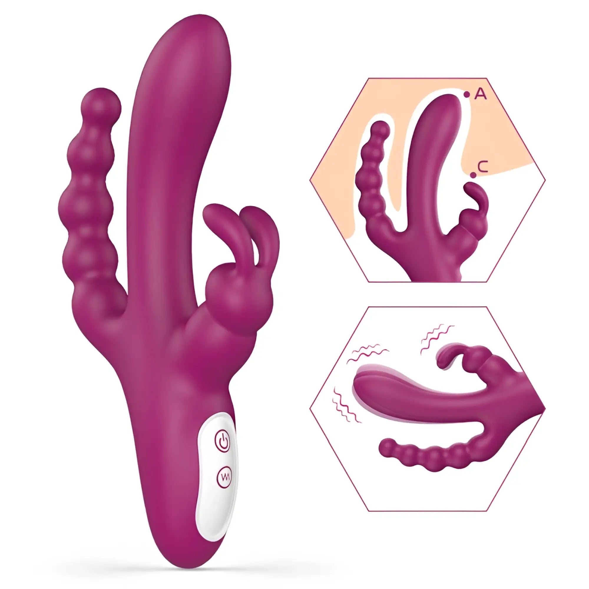 Purple silicone rabbit vibrator s-hande joker triple ecstasy with textured segmented tail and white control panel