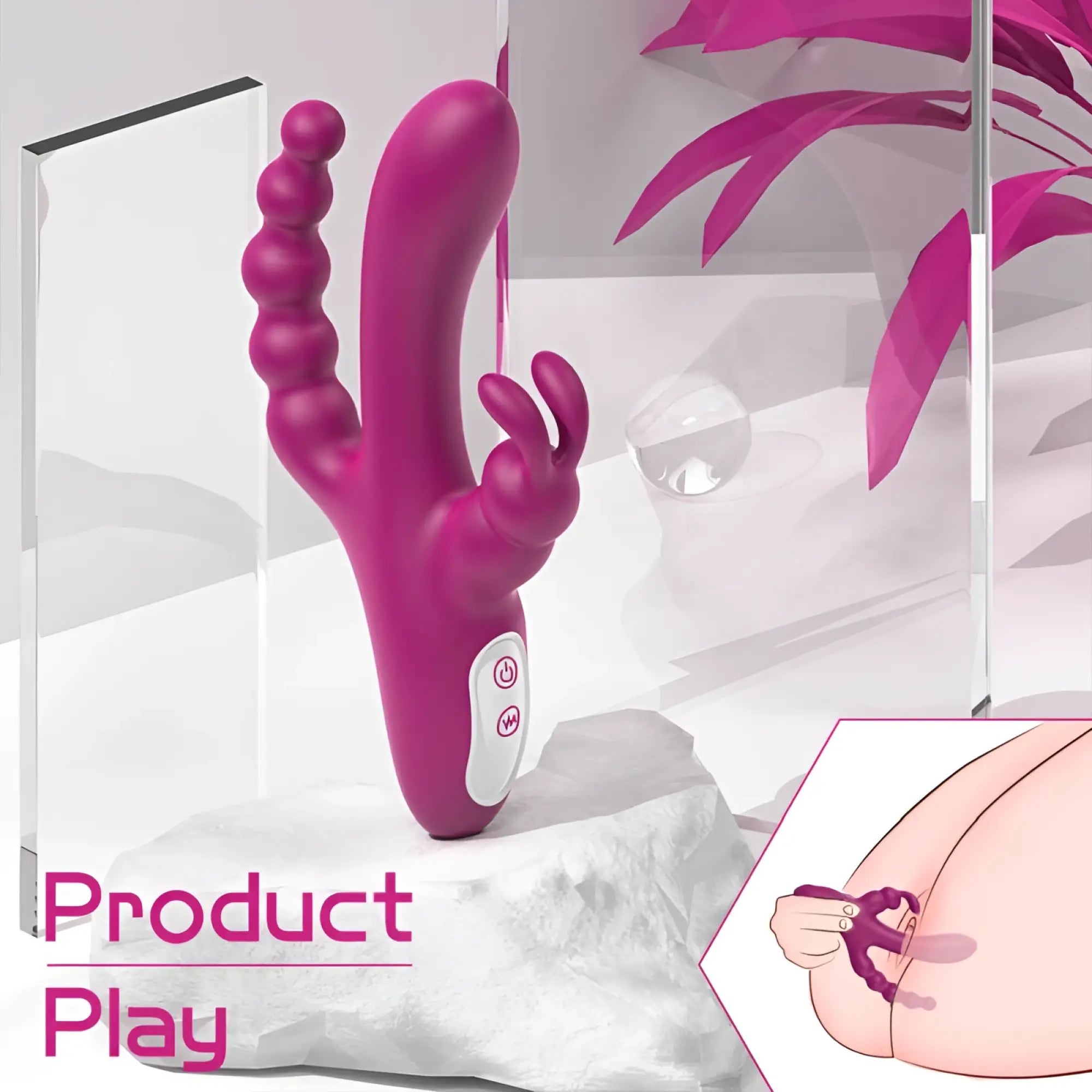 Vibrant magenta silicone s-hande joker triple ecstasy vibrator with textured ridges and white control panel