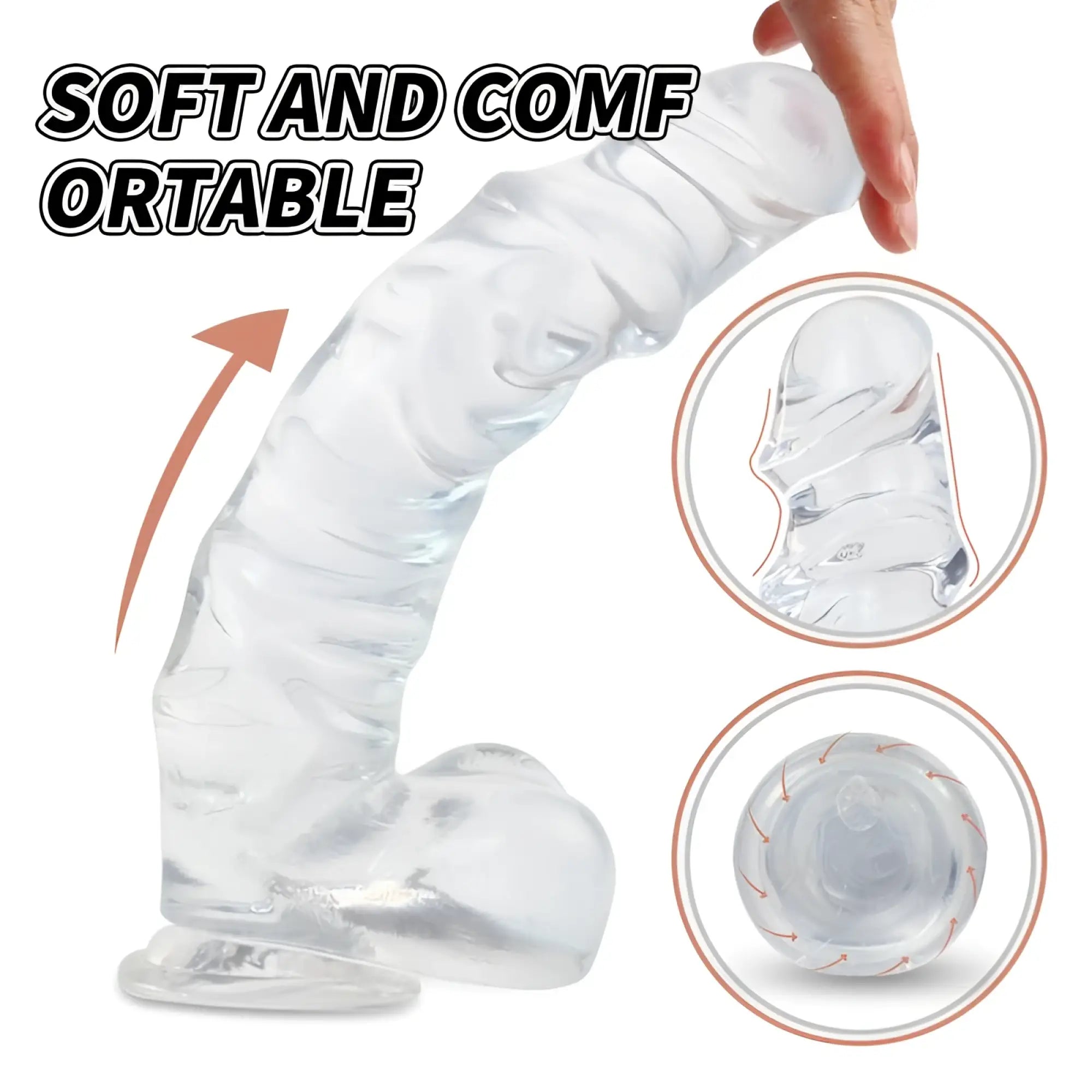 Transparent silicone dildo with curved ribbed design and rounded base in clear s-hande kennard dong w balls l model