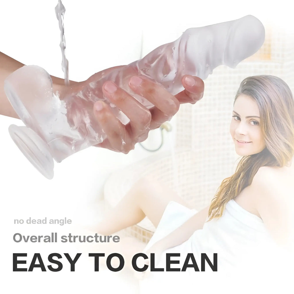 Transparent silicone dildo with suction cup base for easy cleaning s-hande kennard dong w balls clear l