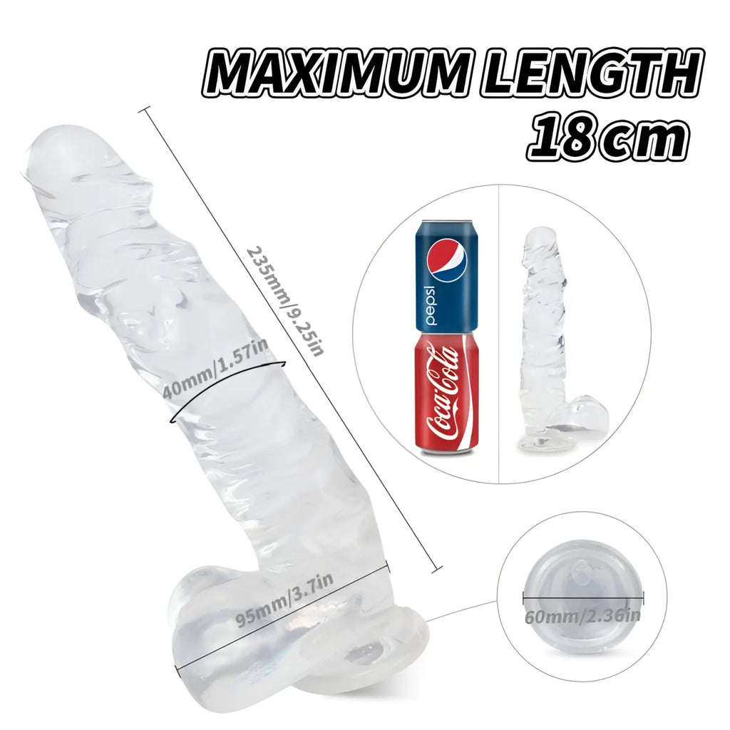 Transparent silicone dildo s-hande kennard dong with textured surface and rounded base in clear l size