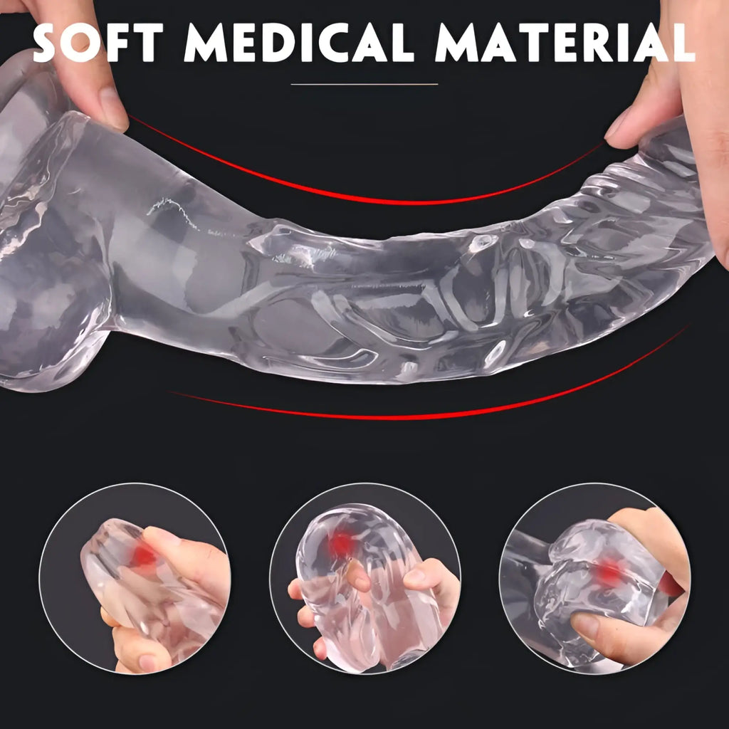 Transparent silicone dildo with textured surface and red internal detailing from S-Hande King Kong Dong w balls black XXL