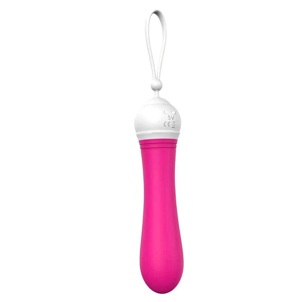 A vibrant pink sleek rechargeable s-hande kitti mini vibrator with a white control head and looped strap