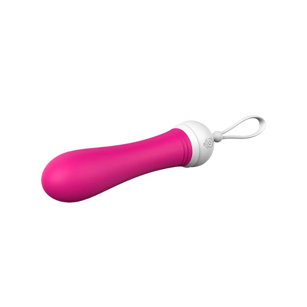 S-Hande Kitti mini vibrator in vibrant pink and white silicone with a looped carrying strap for easy portability