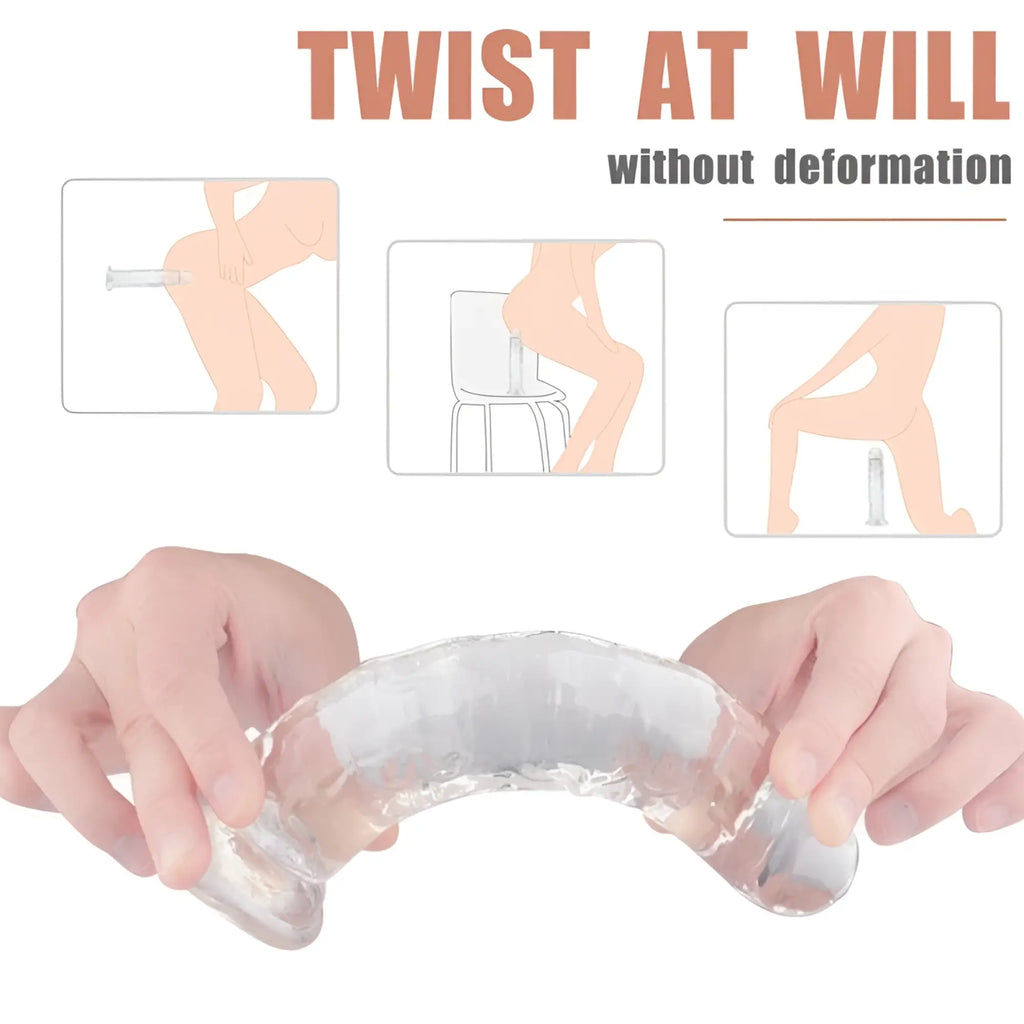 Clear flexible silicone s-hande lester dong with textured surface and curved design for comfortable use