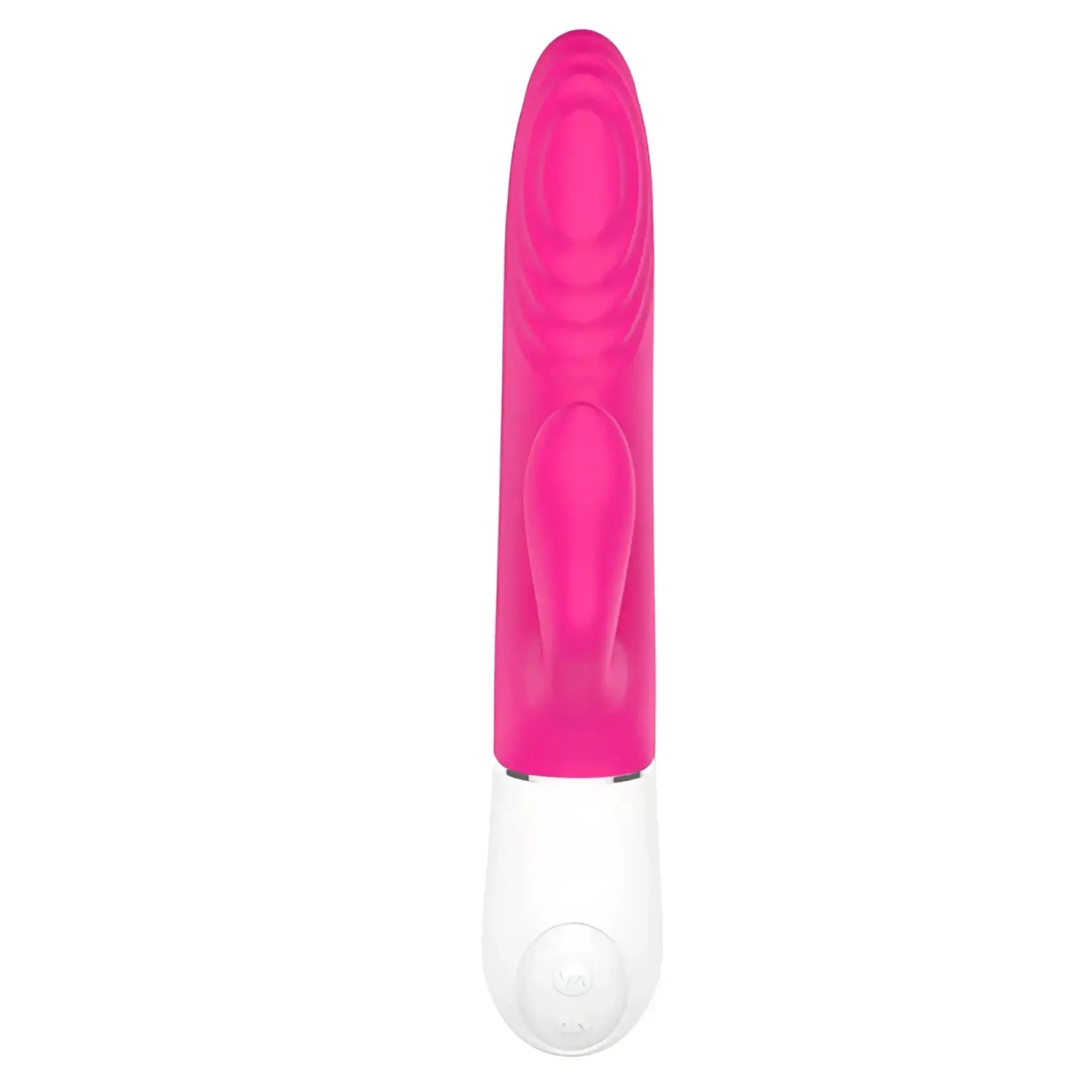 S-hande lighter thrusting rabbit vibrator in vibrant pink and white silicone with a textured ergonomic design