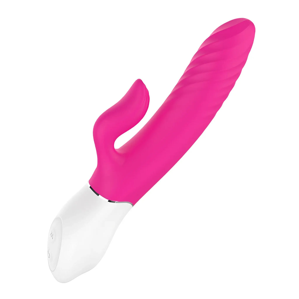 Vibrant pink silicone s-hande lighter thrusting rabbit vibrator with white base and silver accent trim