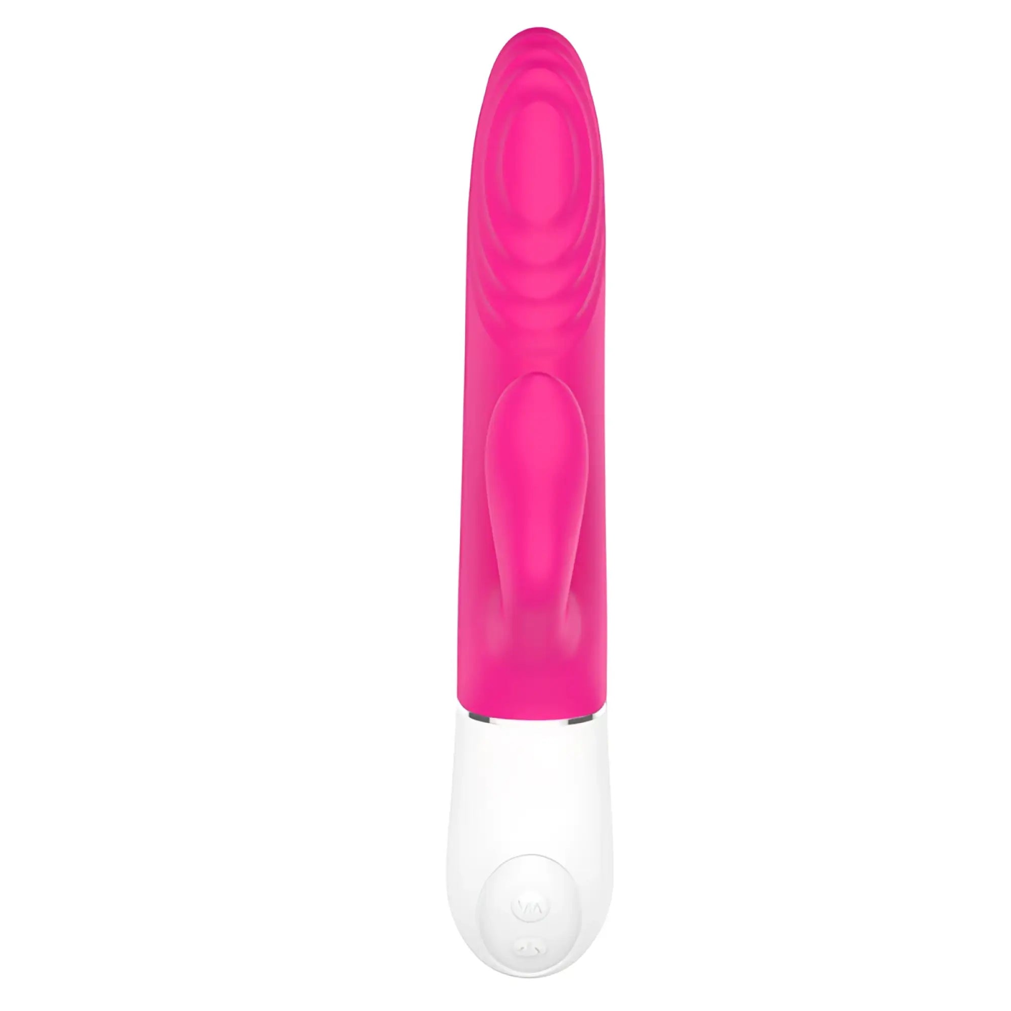 S-hande lighter thrusting rabbit vibrator in vibrant pink and white silicone with a textured ergonomic design