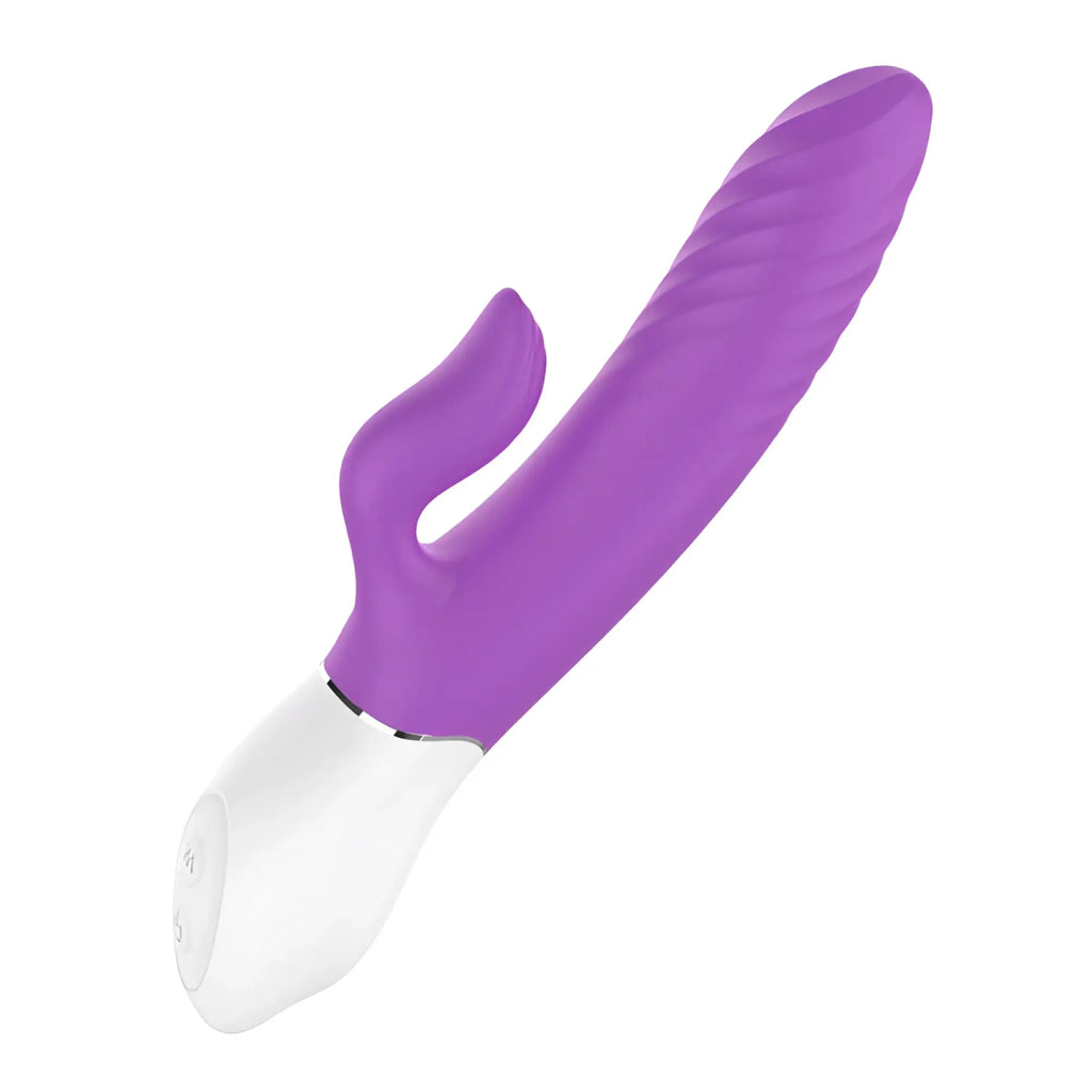 Purple silicone rabbit-shaped vibrator with white base from s-hande lighter thrusting rabbit vibrator series