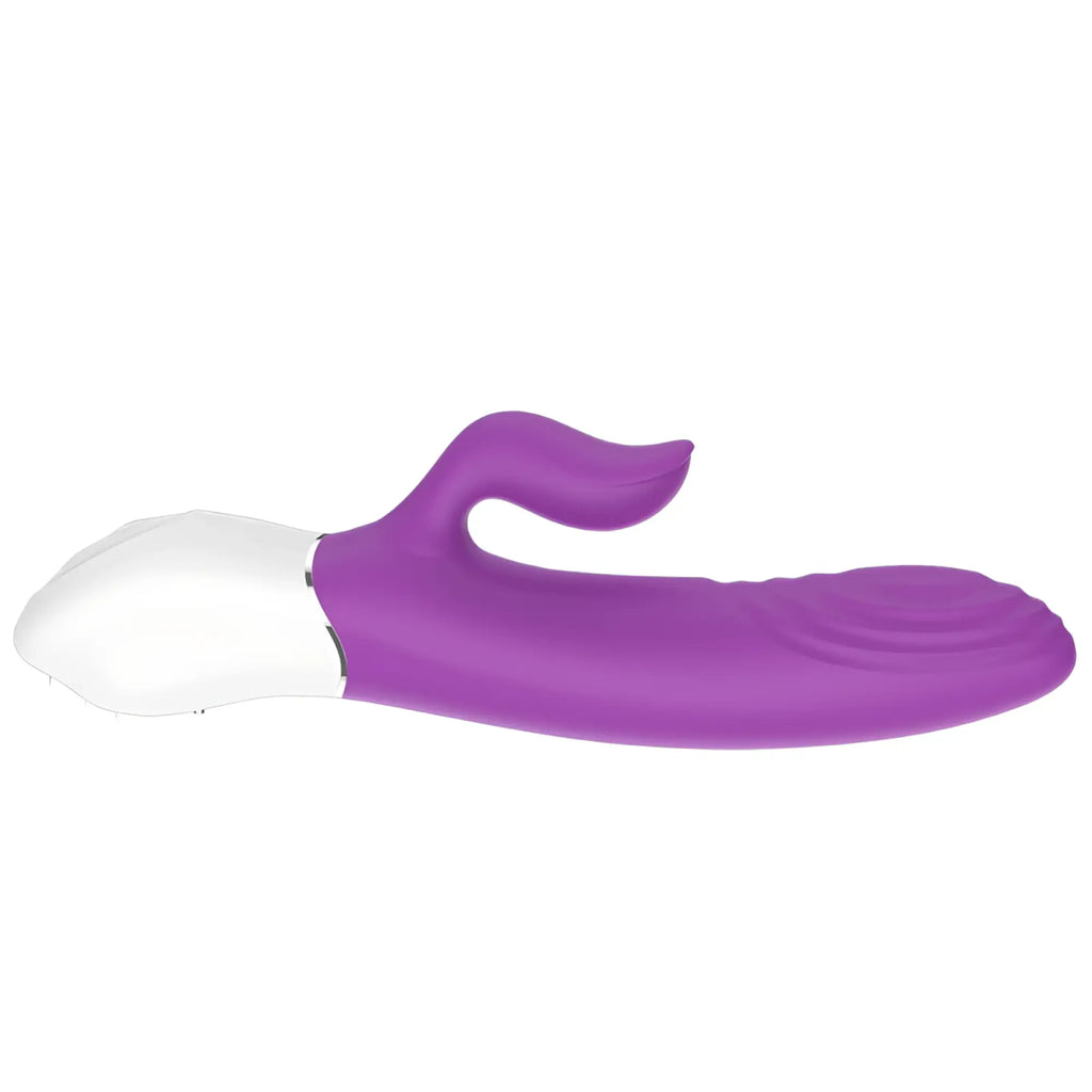 Purple and white silicone s-hande lighter thrusting rabbit vibrator with curved handle for targeted stimulation