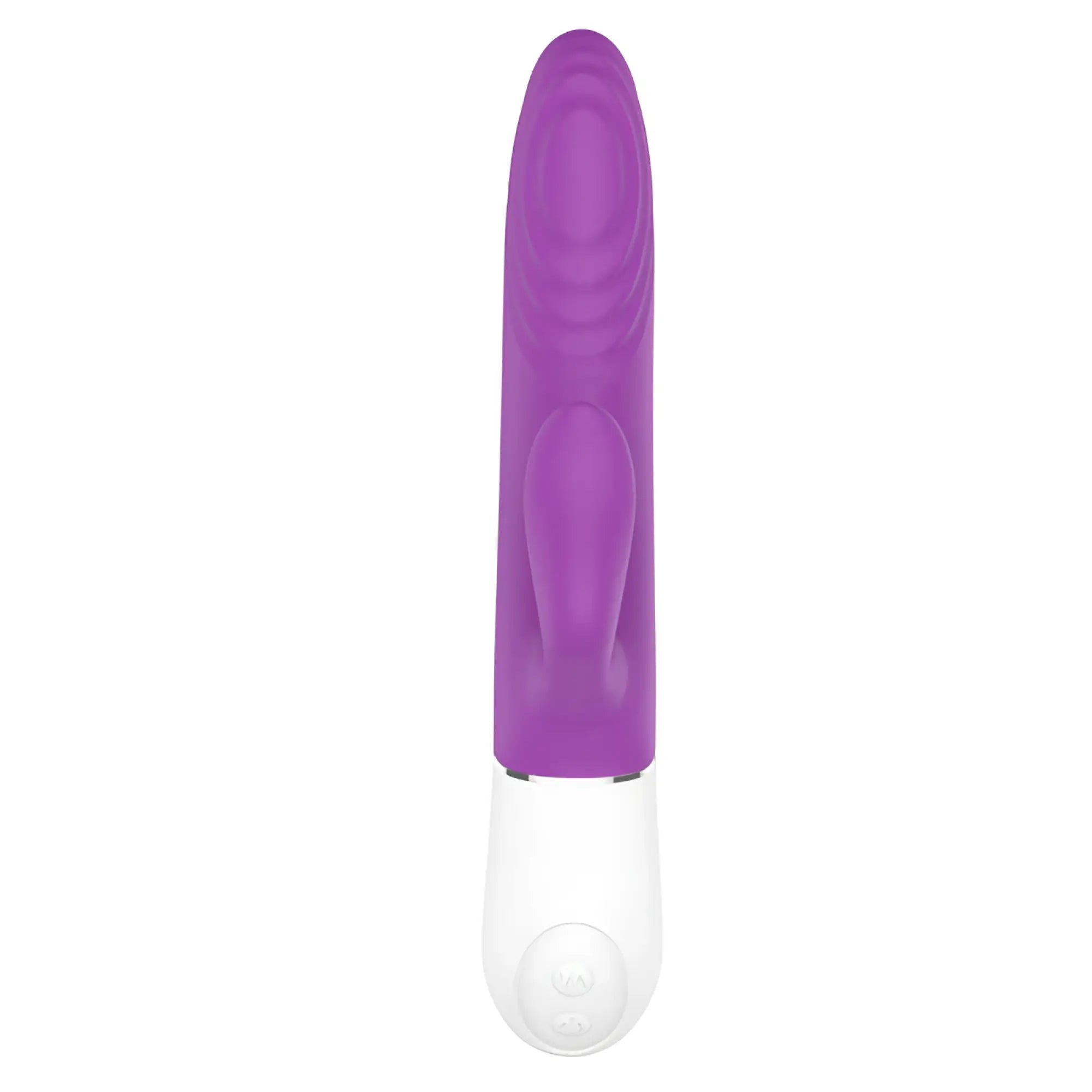 Purple and white s-hande lighter thrusting rabbit vibrator with textured grip surface for enhanced pleasure
