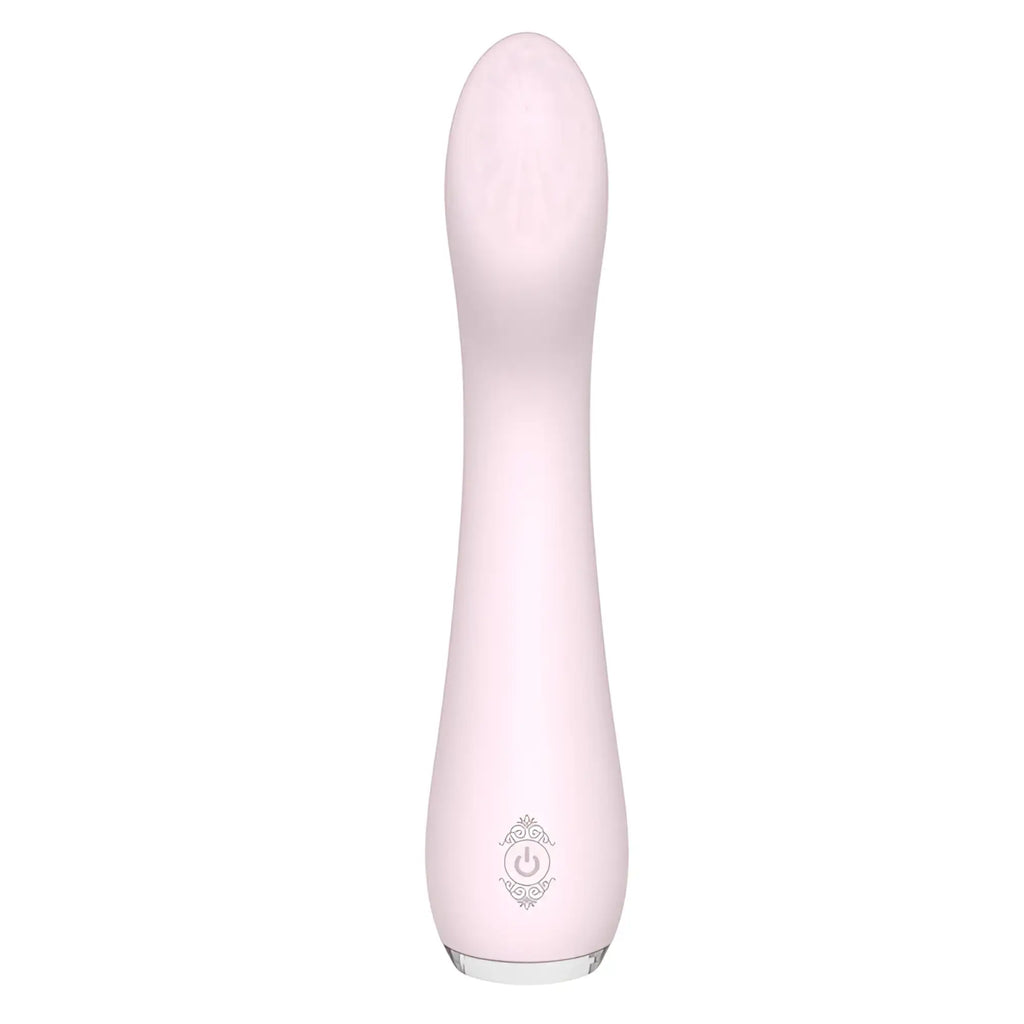 Pink silicone s-hande lisa massager orchid with power button emblem at the base for personal use