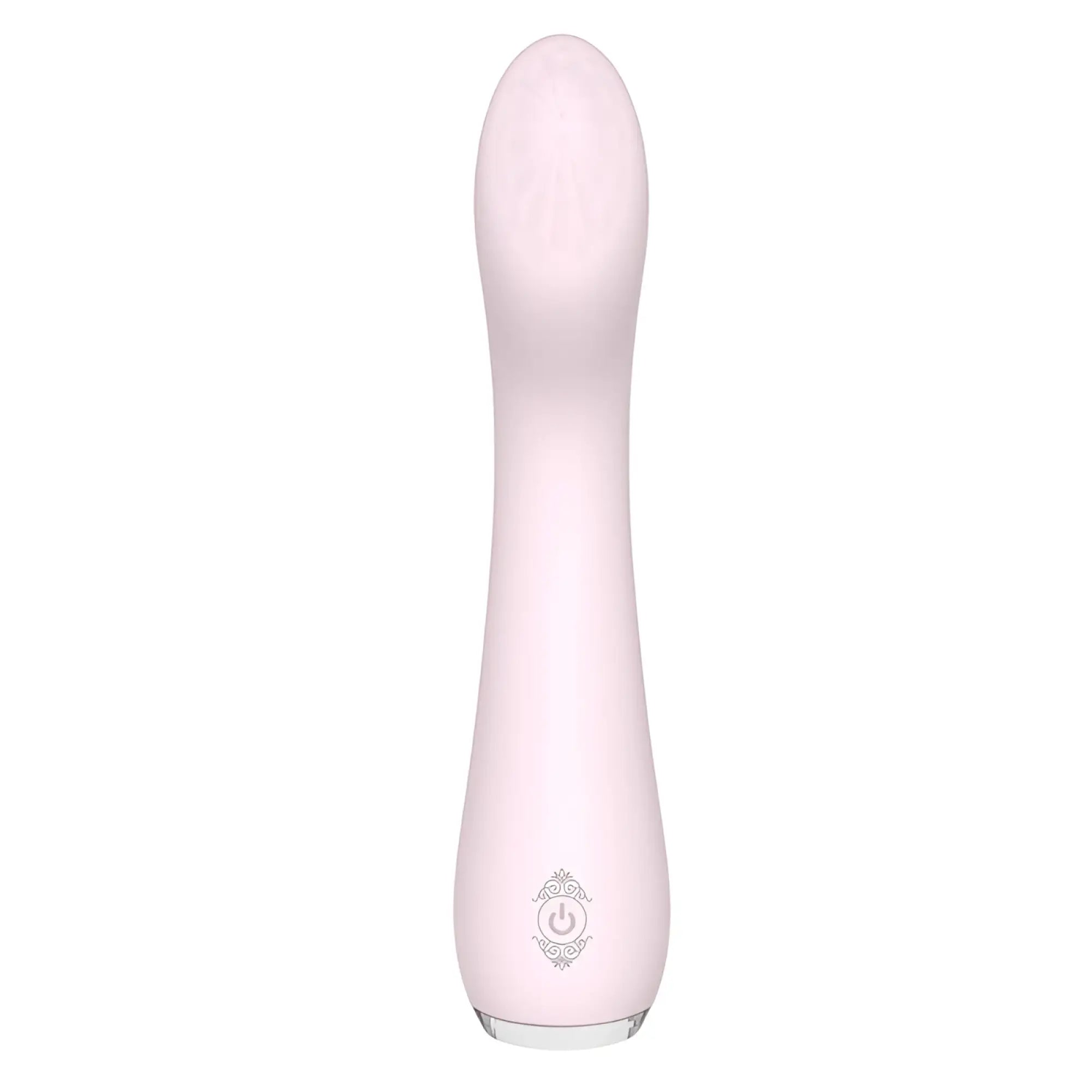 Pink silicone s-hande lisa massager orchid with power button emblem at the base for personal use