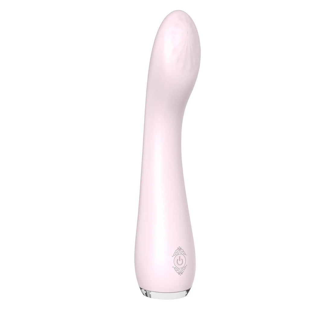 S-hande lisa massager orchid is a sleek pale pink silicone vibrato with a smooth curved design and ornate power button emblem