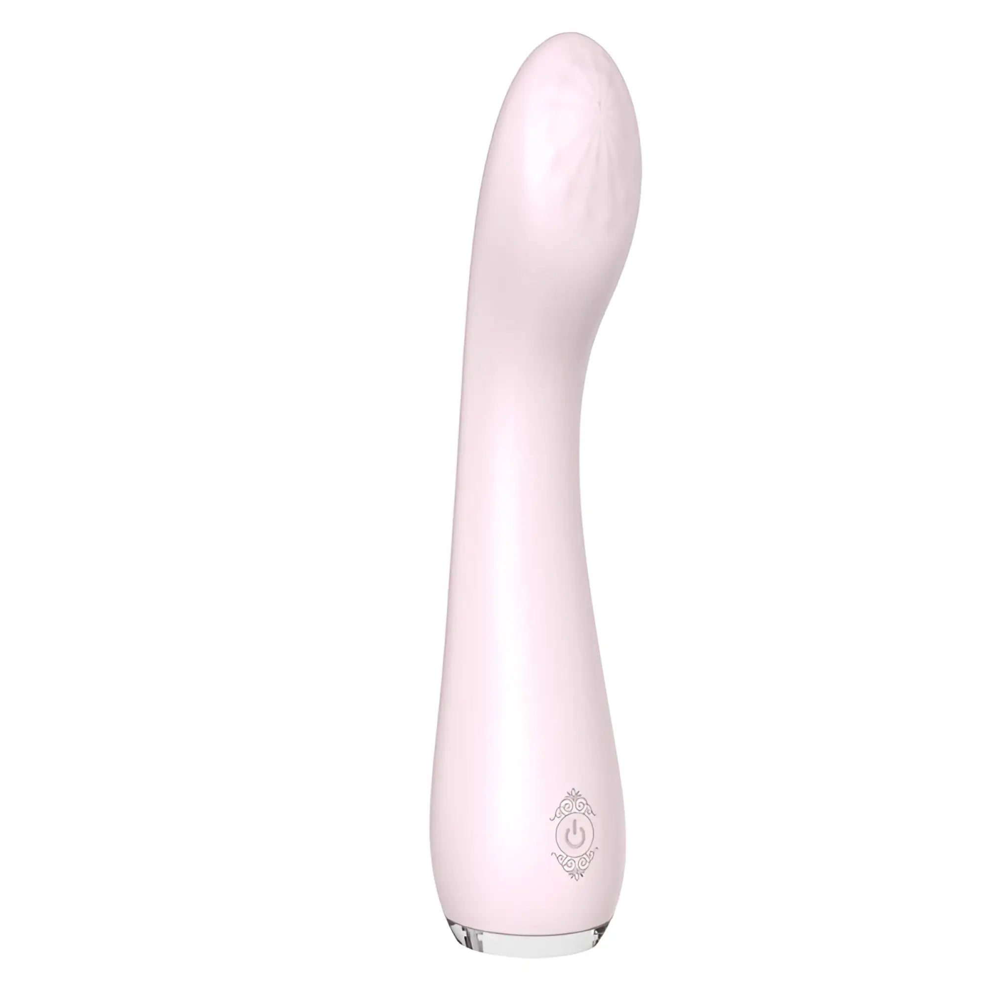 S-hande lisa massager orchid is a sleek pale pink silicone vibrato with a smooth curved design and ornate power button emblem