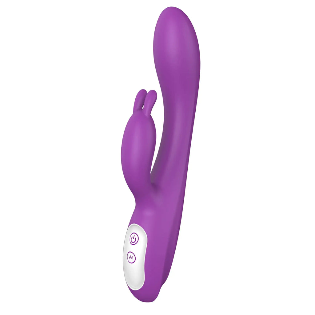 Purple s-hande naughty heating rabbit vibrator with smooth glossy silicone finish and white control buttons on handle