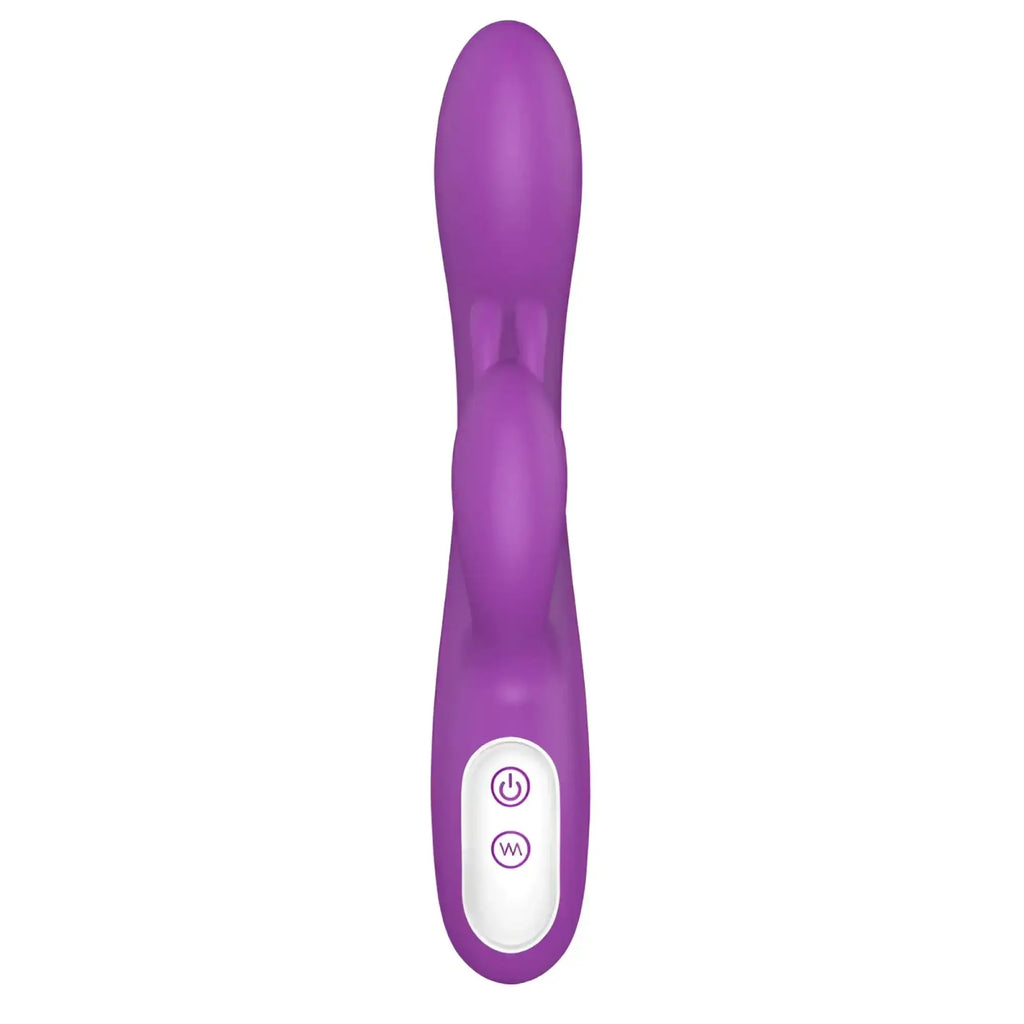 Purple silicone s-hande naughty heating rabbit vibrator with smooth glossy finish and two base control buttons