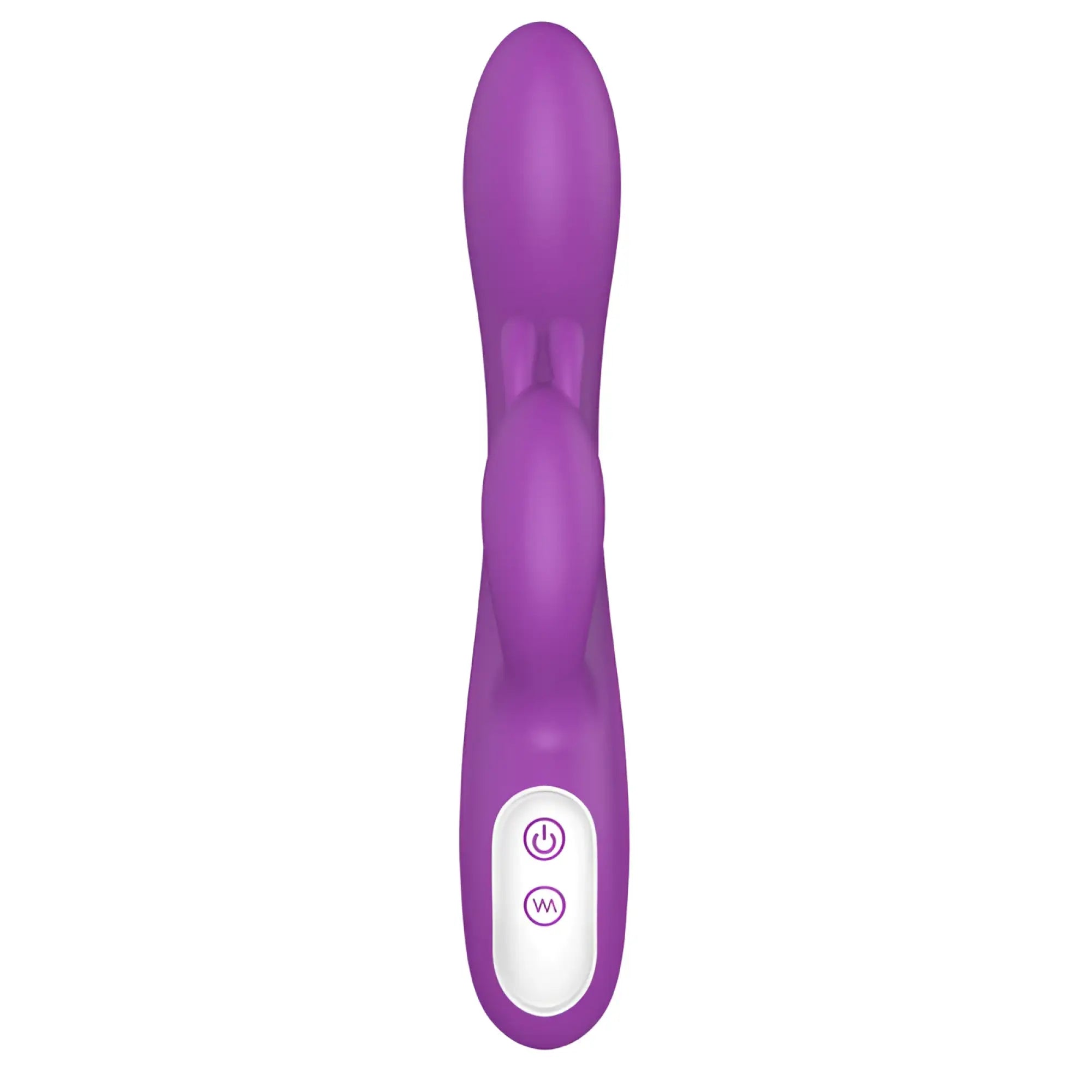 Purple silicone s-hande naughty heating rabbit vibrator with smooth glossy finish and two base control buttons