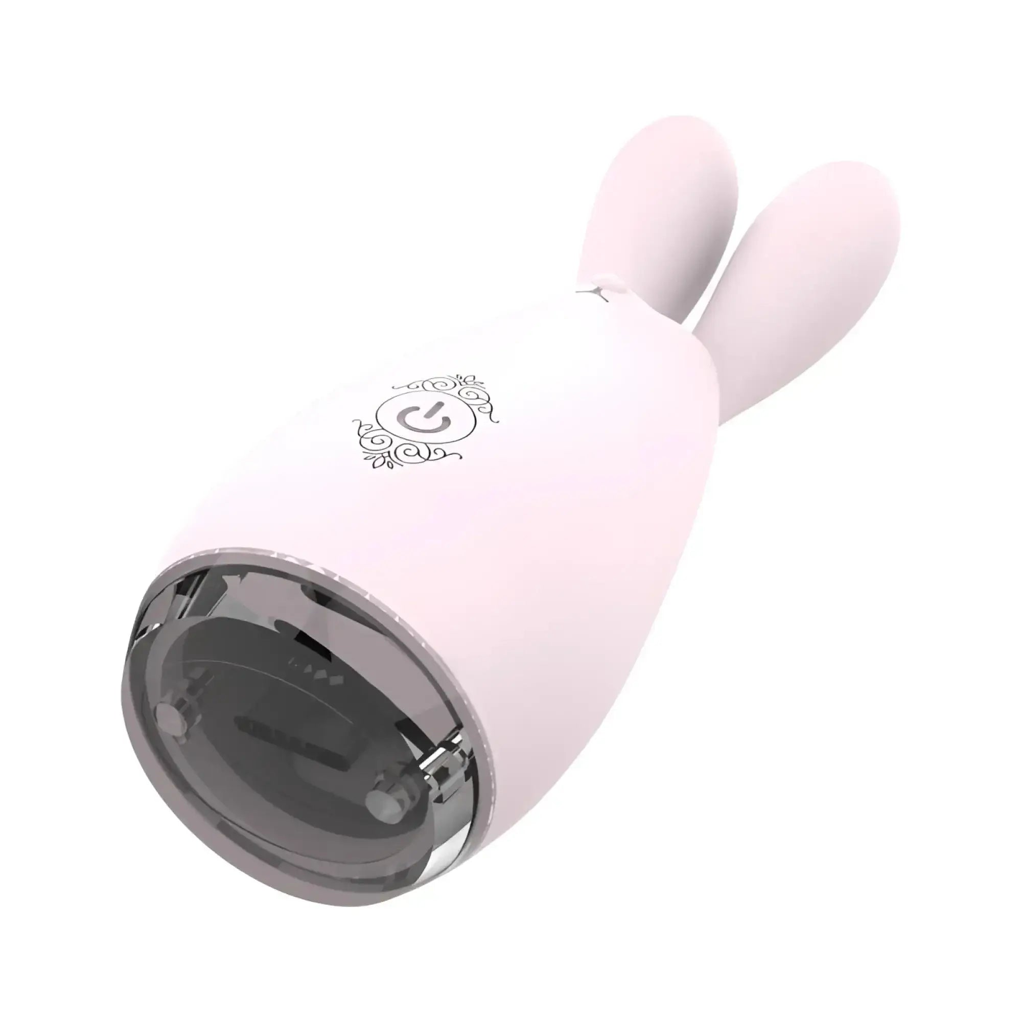 Pink s-hande reba massager orchid with smooth plastic body shaped like a bunny and a clear circular base